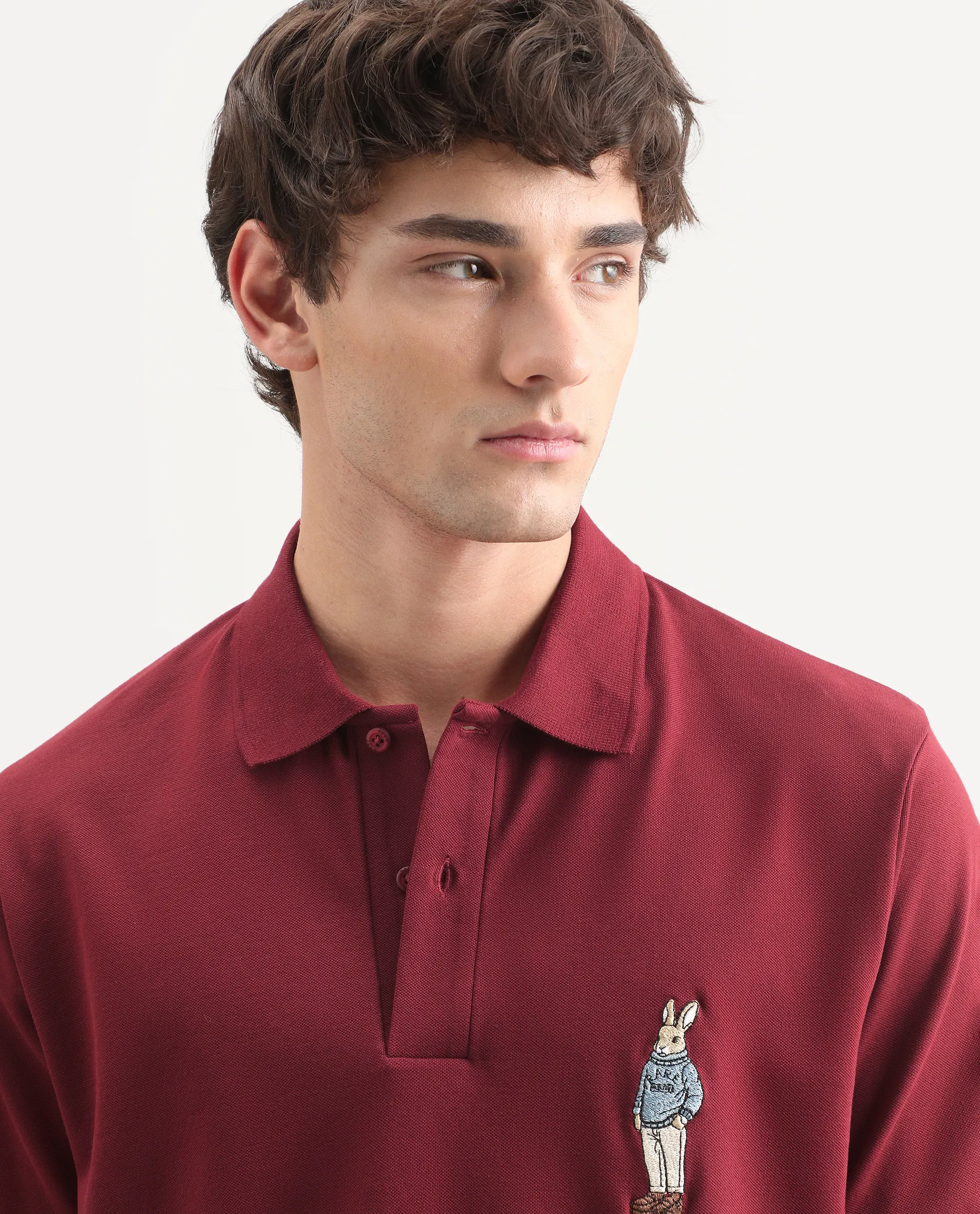 Rare Rabbit Men's Mascos Red Cotton Blend Spread Collar Regular Fit Embroidered Polo - Image 3
