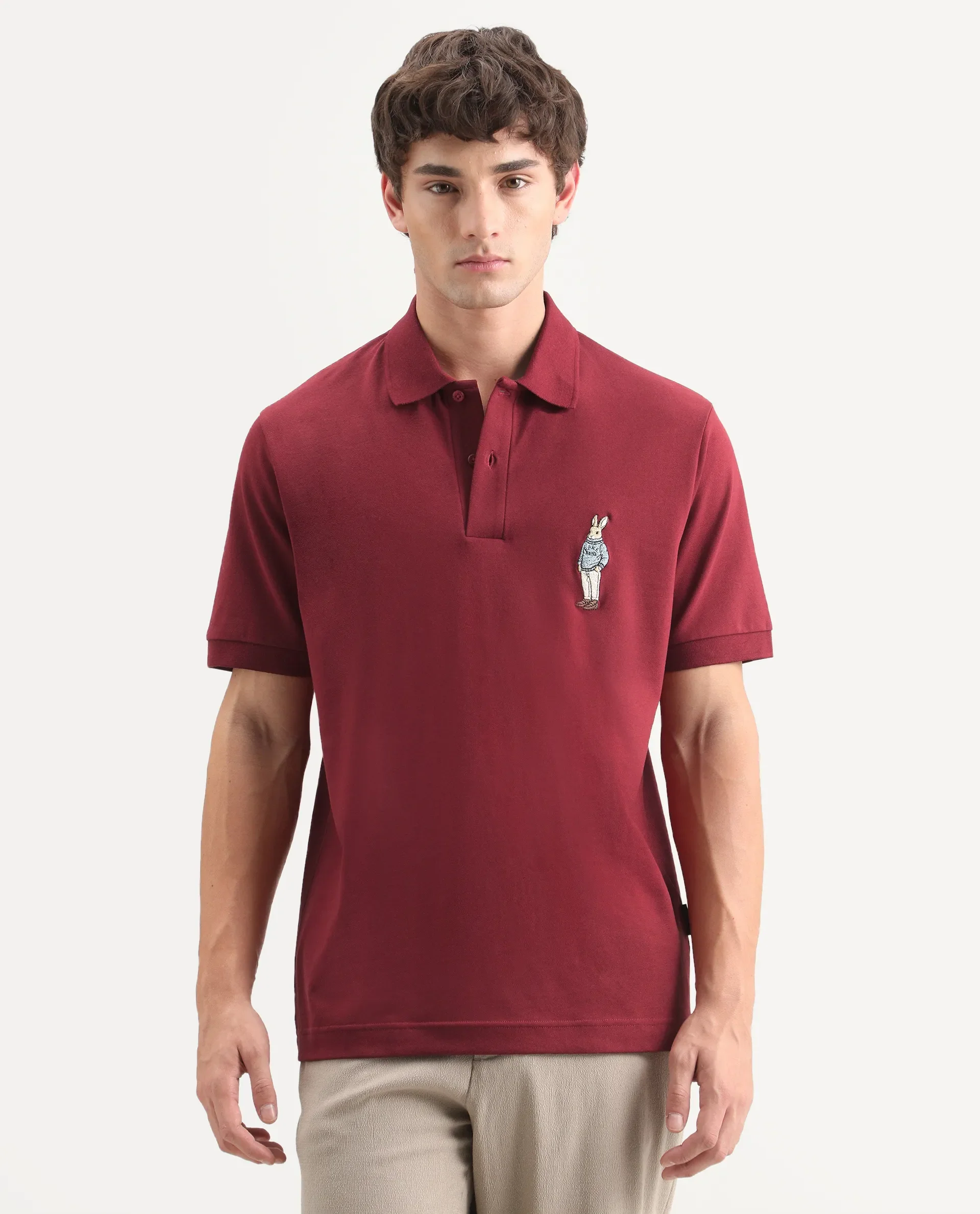 Rare Rabbit Men's Mascos Red Cotton Blend Spread Collar Regular Fit Embroidered Polo - Image 4