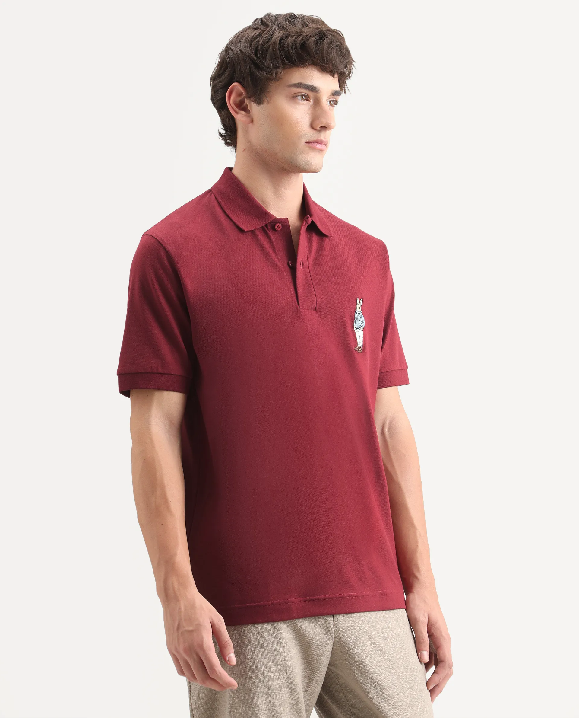 Rare Rabbit Men's Mascos Red Cotton Blend Spread Collar Regular Fit Embroidered Polo - Image 5