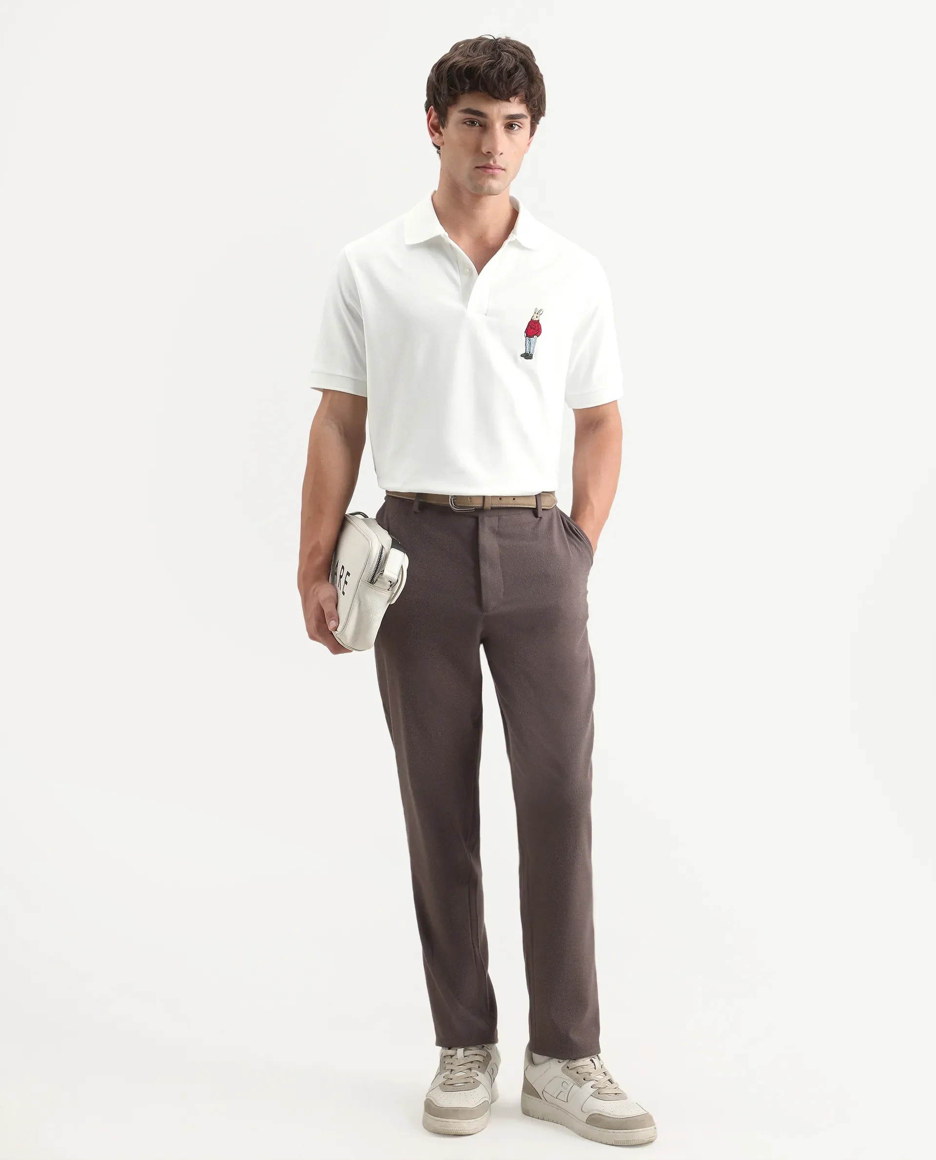 Rare Rabbit Men's Mascos White Cotton Blend Spread Collar Regular Fit Embroidered Polo - Image 2