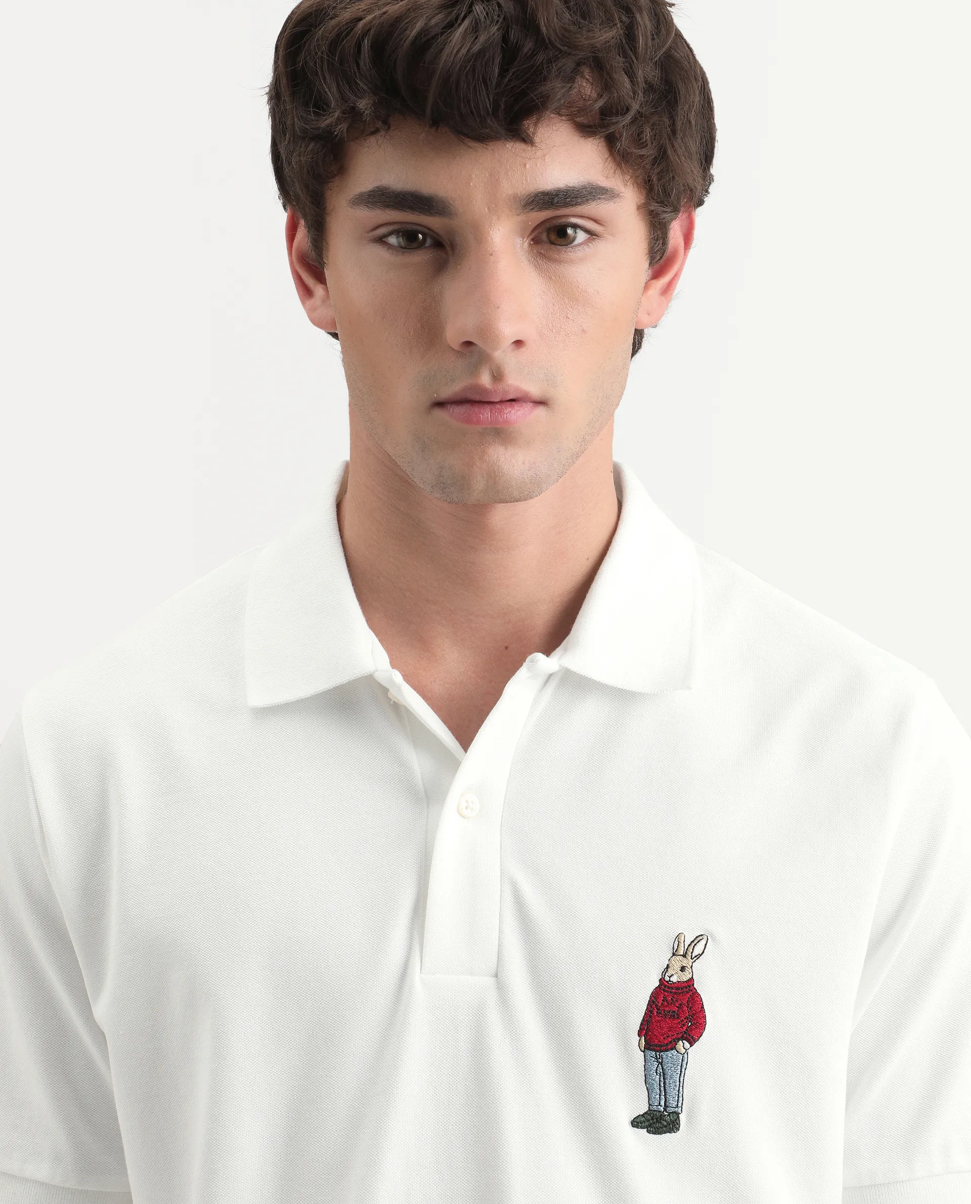 Rare Rabbit Men's Mascos White Cotton Blend Spread Collar Regular Fit Embroidered Polo - Image 3