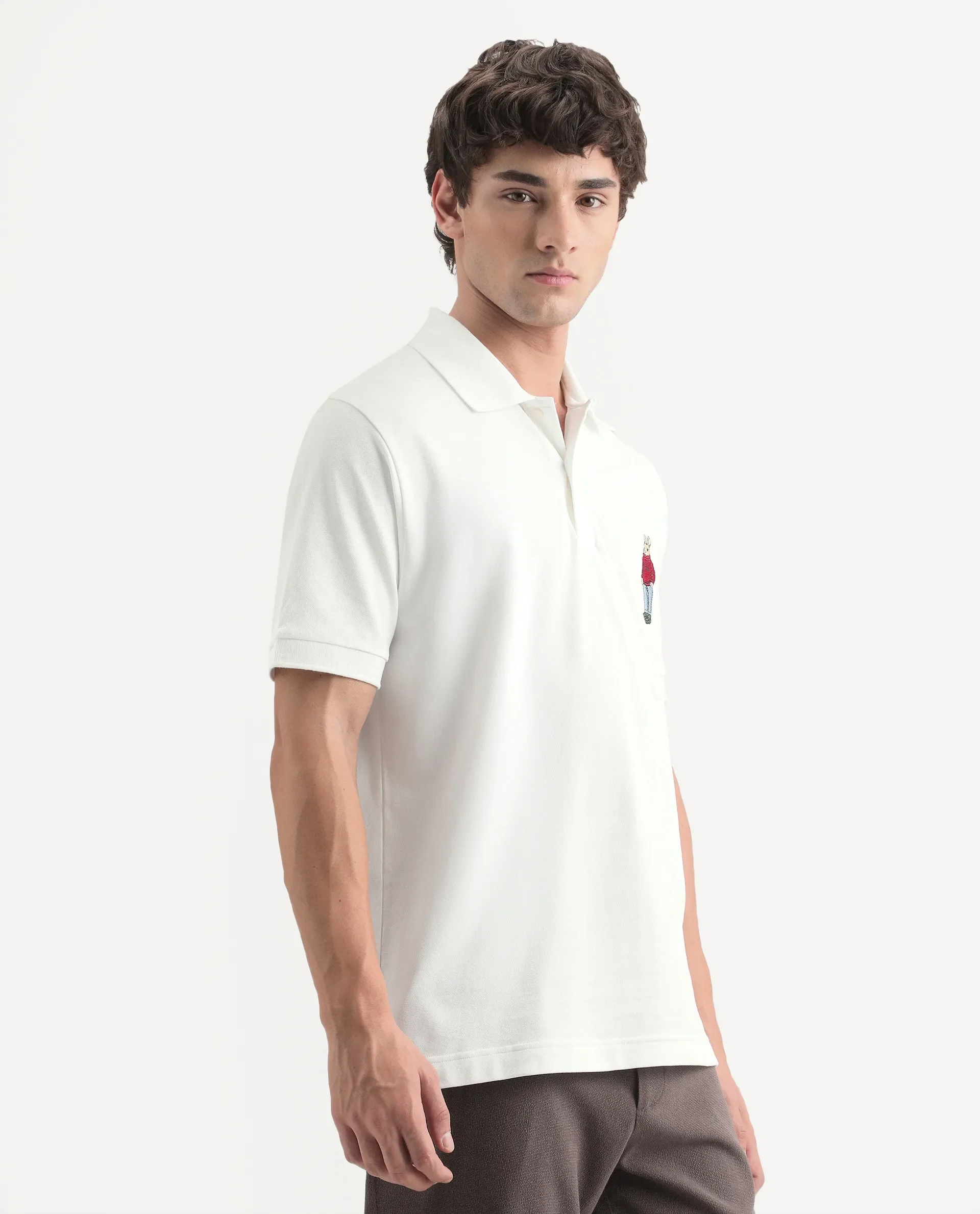 Rare Rabbit Men's Mascos White Cotton Blend Spread Collar Regular Fit Embroidered Polo - Image 4