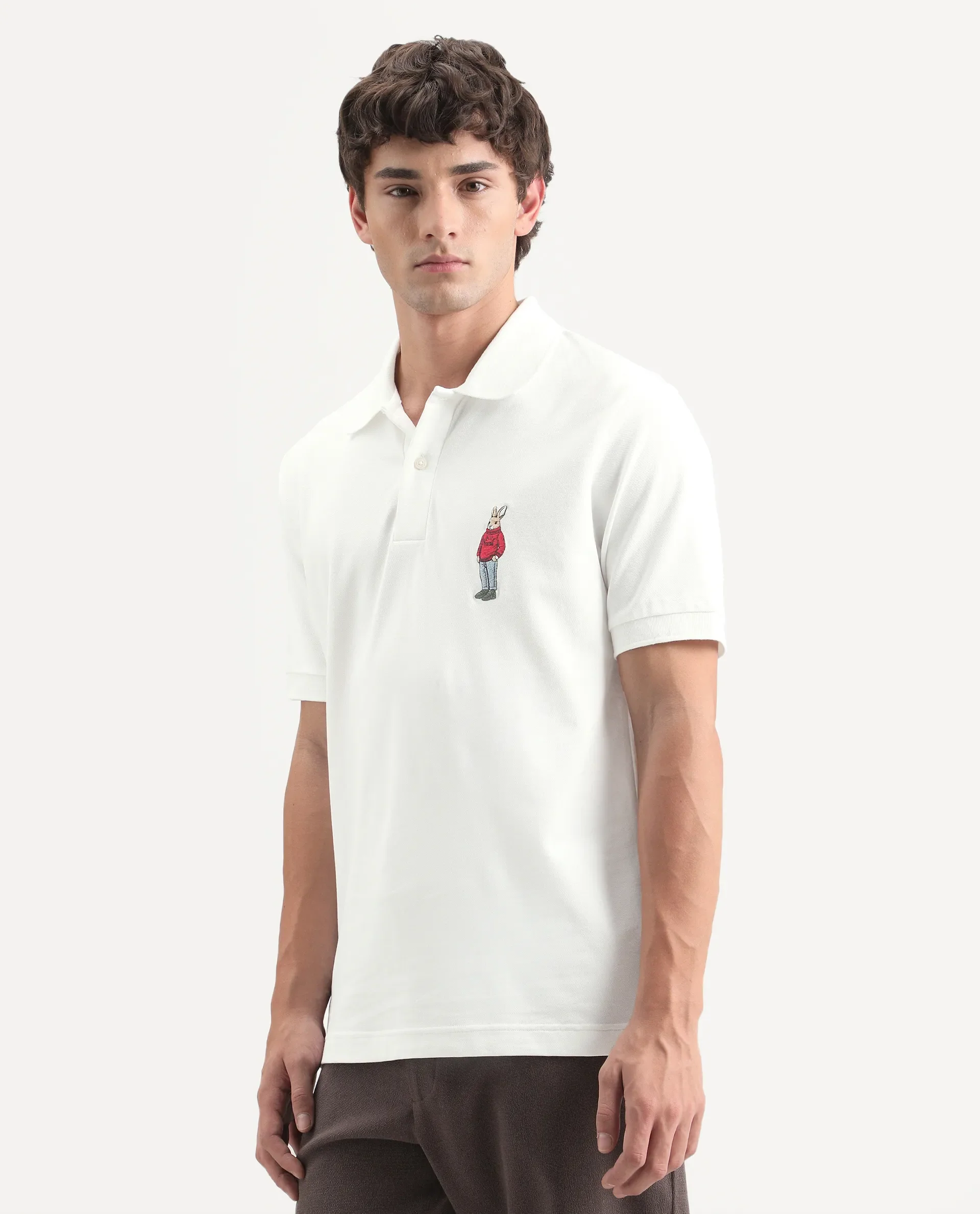 Rare Rabbit Men's Mascos White Cotton Blend Spread Collar Regular Fit Embroidered Polo - Image 5