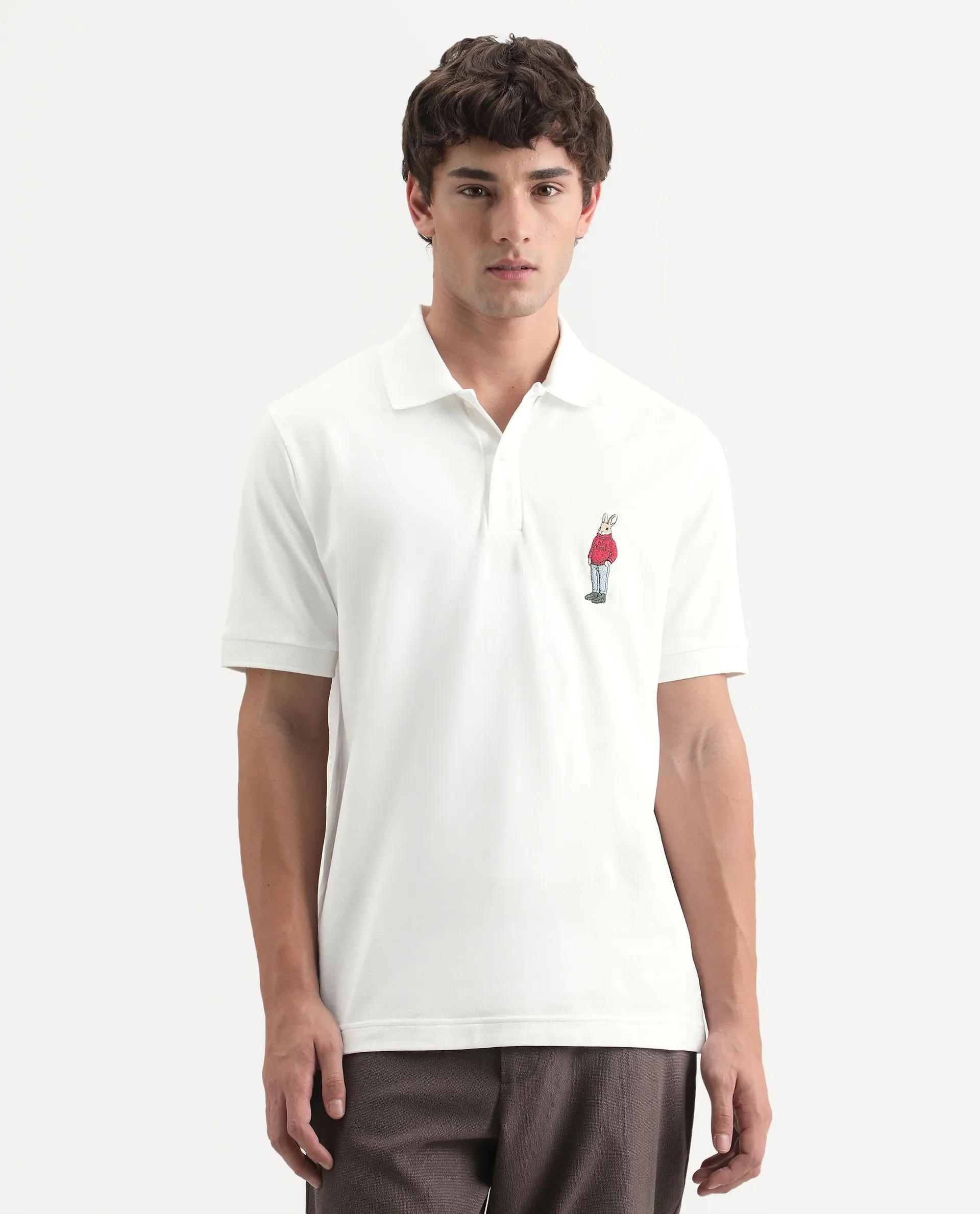 Rare Rabbit Men's Mascos White Cotton Blend Spread Collar Regular Fit Embroidered Polo - Image 6