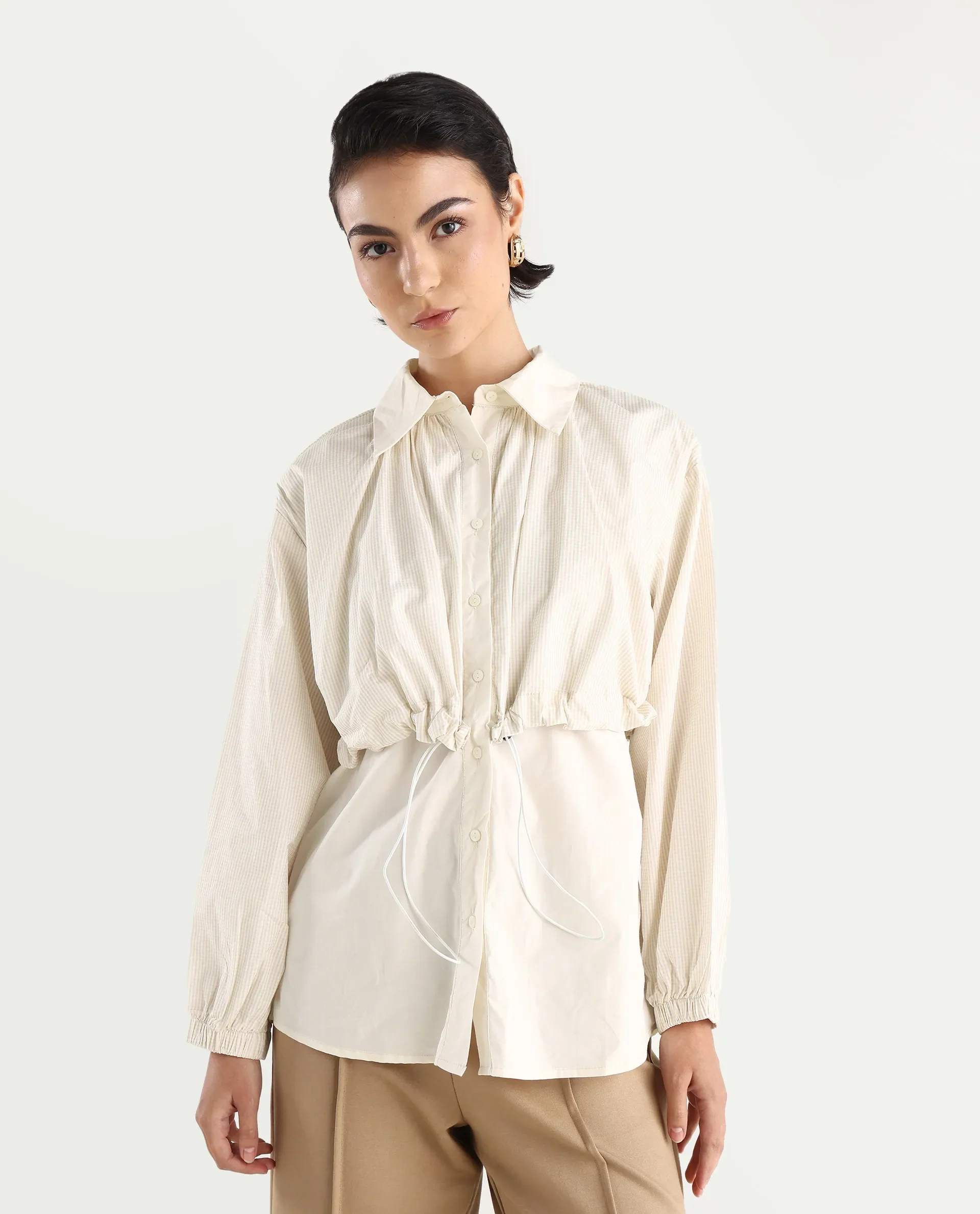 Rareism Women's Mash Beige Cotton Blend Drop Collar Checked Cuffed Sleeve Relaxed Fit Top