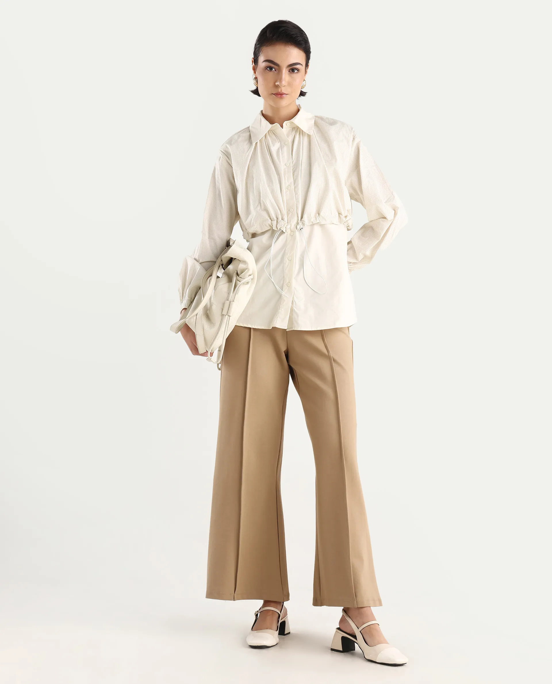 Rareism Women's Mash Beige Cotton Blend Drop Collar Checked Cuffed Sleeve Relaxed Fit Top - Image 2