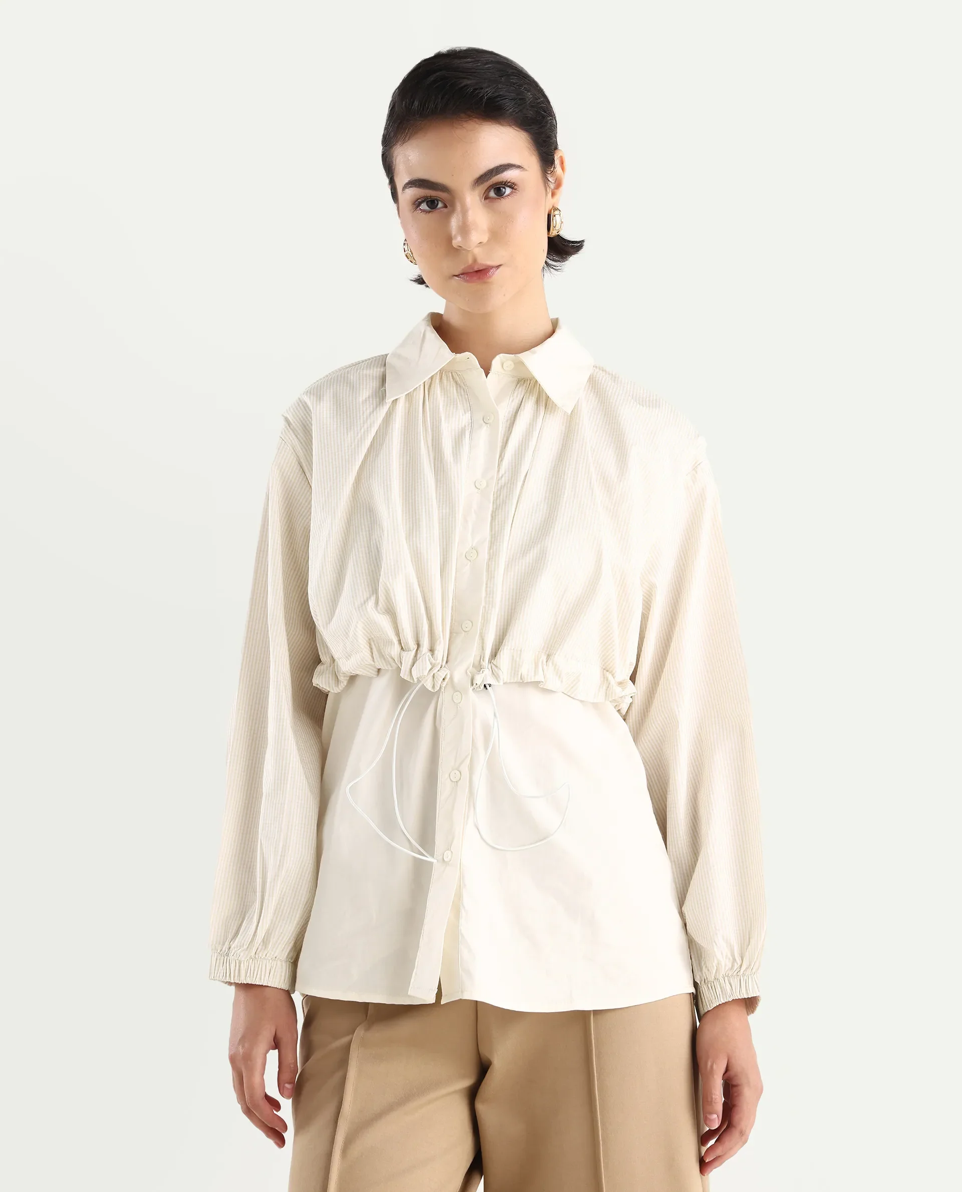 Rareism Women's Mash Beige Cotton Blend Drop Collar Checked Cuffed Sleeve Relaxed Fit Top - Image 3
