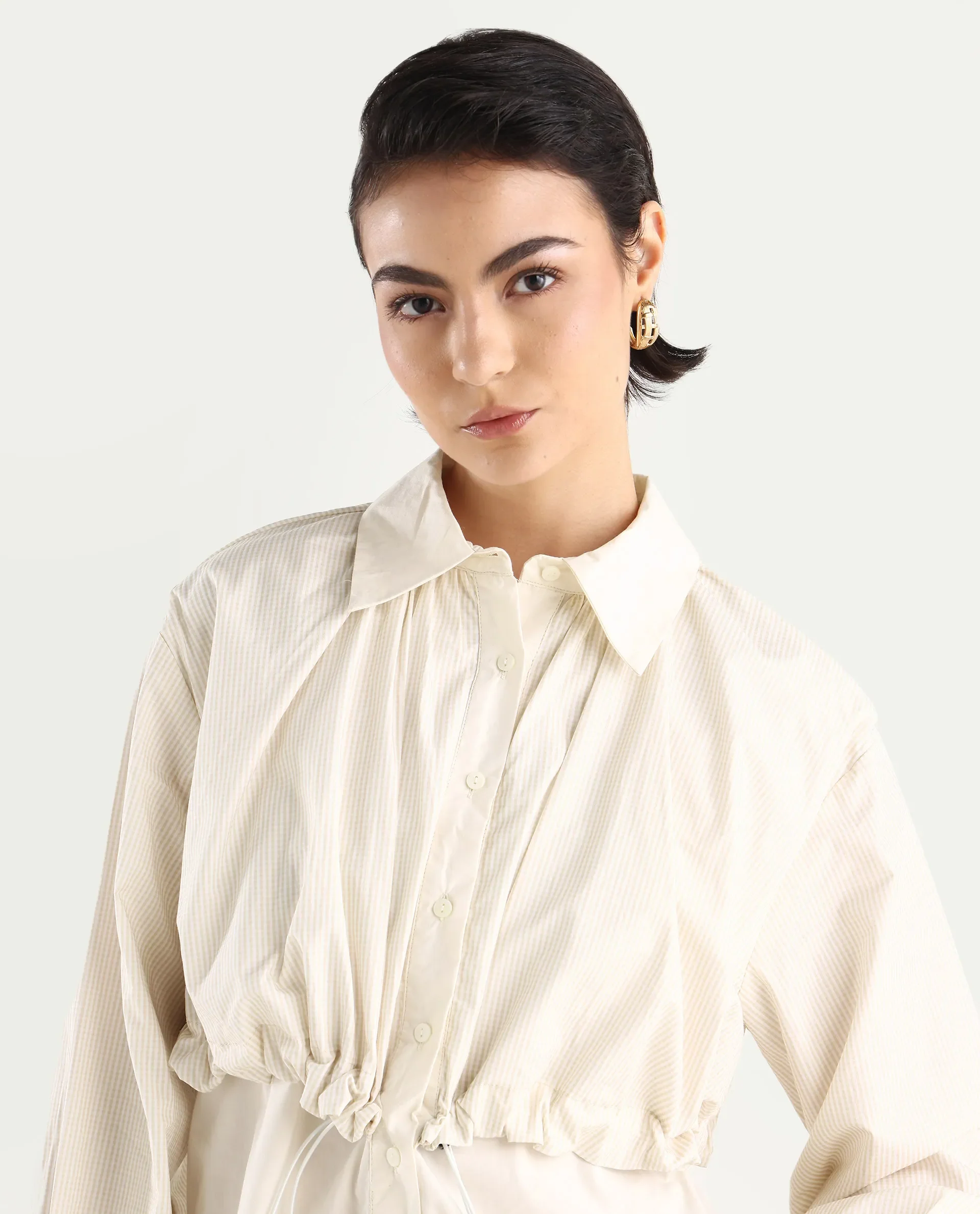 Rareism Women's Mash Beige Cotton Blend Drop Collar Checked Cuffed Sleeve Relaxed Fit Top - Image 4