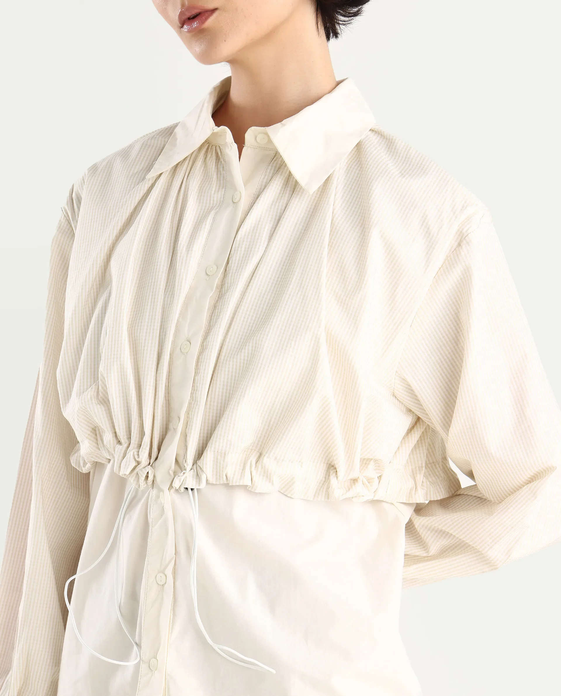 Rareism Women's Mash Beige Cotton Blend Drop Collar Checked Cuffed Sleeve Relaxed Fit Top - Image 5