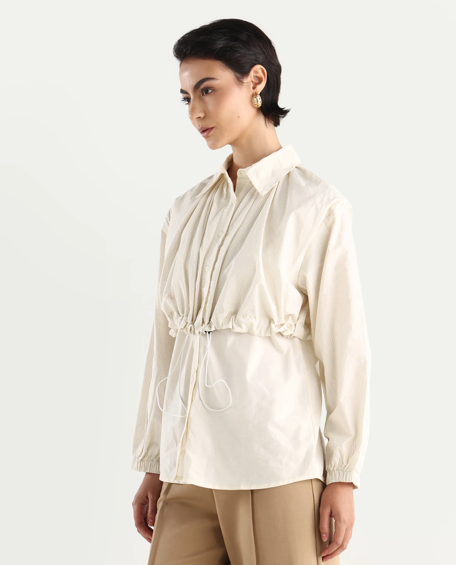 Rareism Women's Mash Beige Cotton Blend Drop Collar Checked Cuffed Sleeve Relaxed Fit Top - Image 6