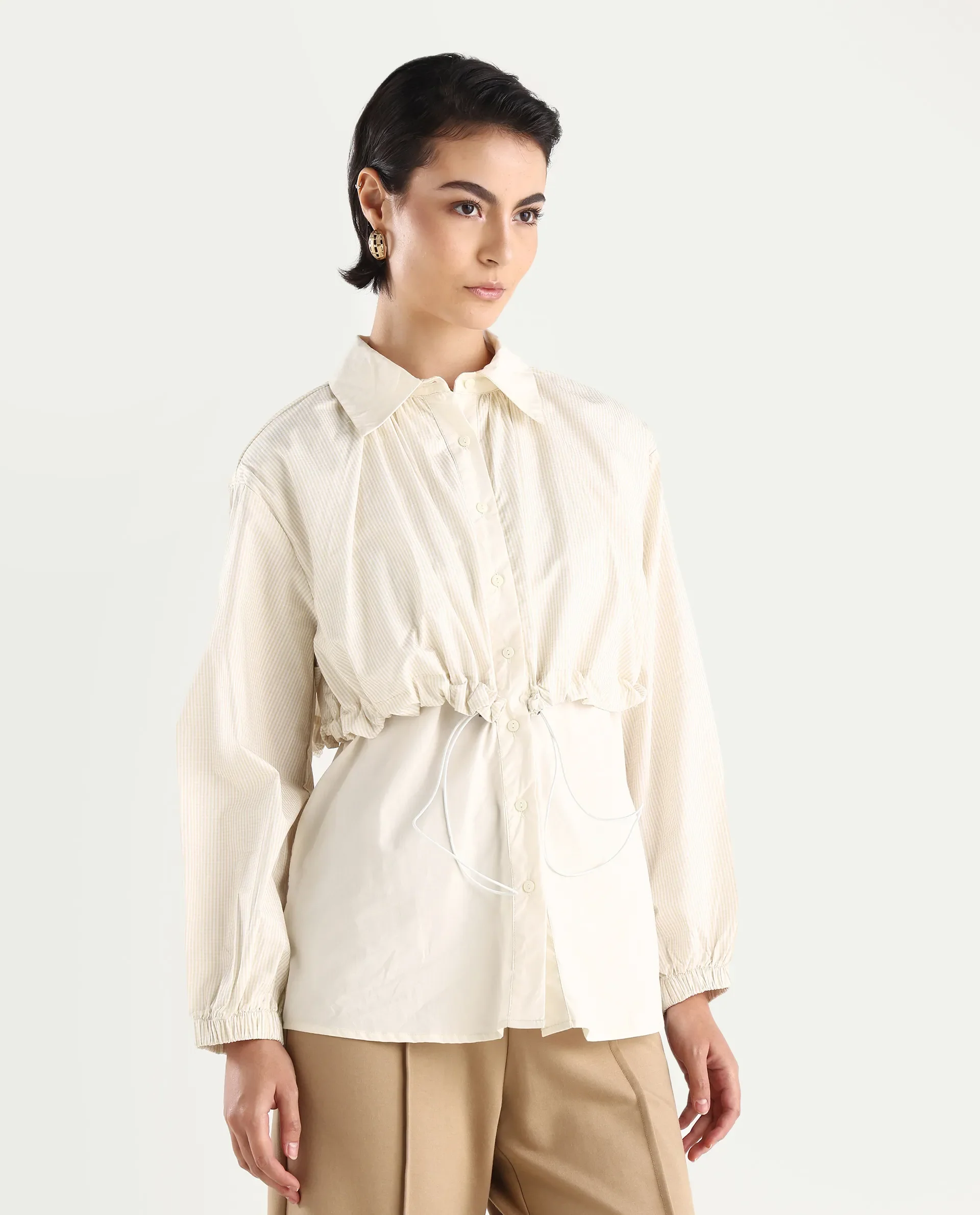 Rareism Women's Mash Beige Cotton Blend Drop Collar Checked Cuffed Sleeve Relaxed Fit Top - Image 7