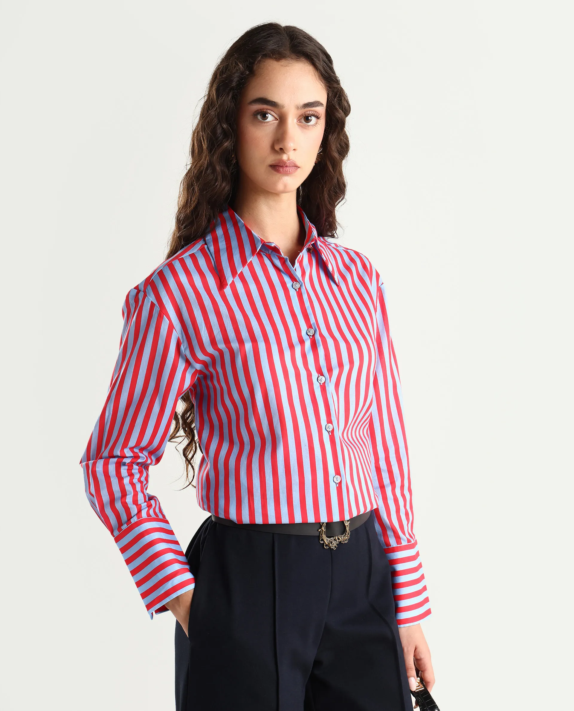 Rareism Women's Masha Blue Drop Collar Striped Cuffed Sleeve Regular Fit Top