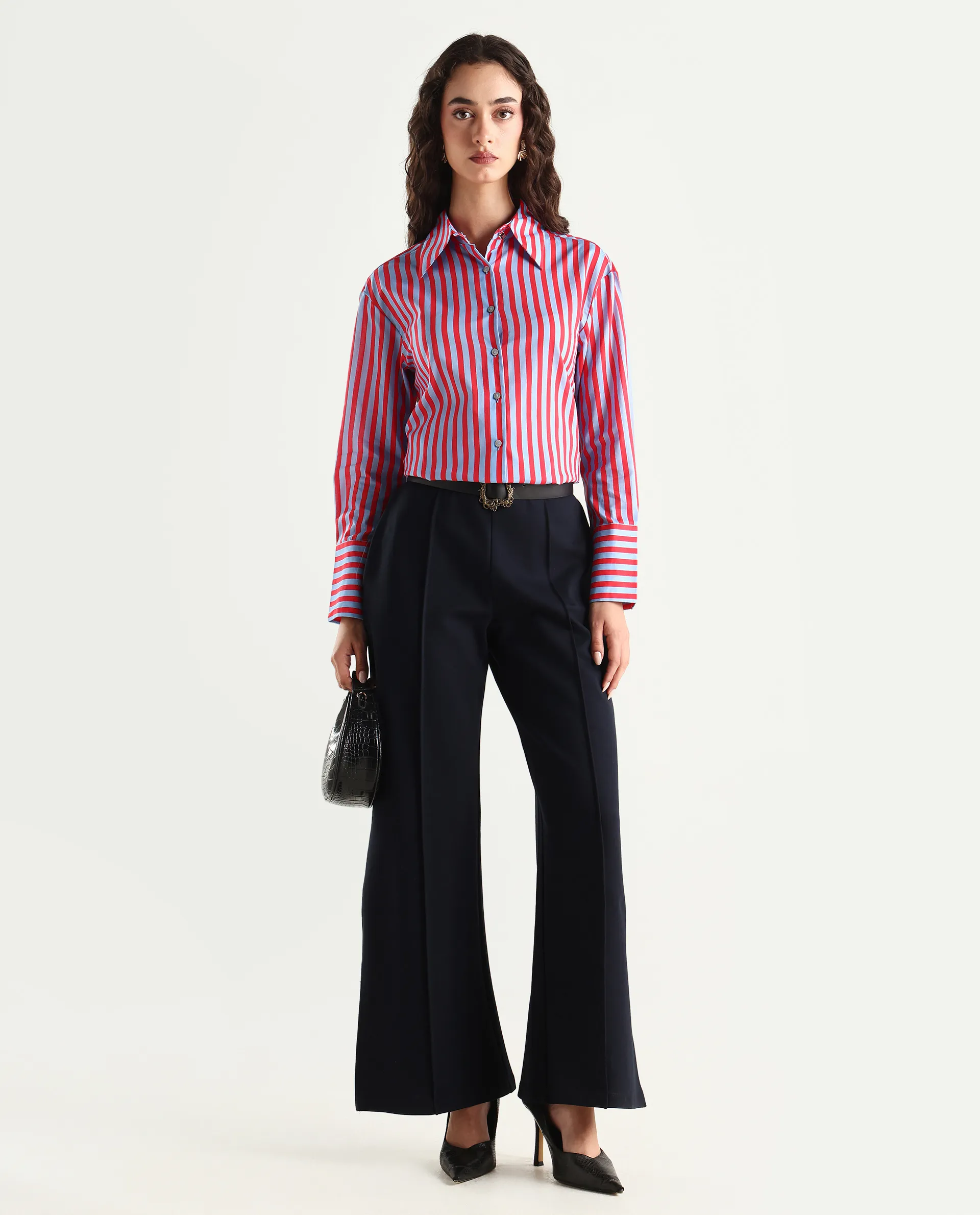 Rareism Women's Masha Blue Drop Collar Striped Cuffed Sleeve Regular Fit Top - Image 2