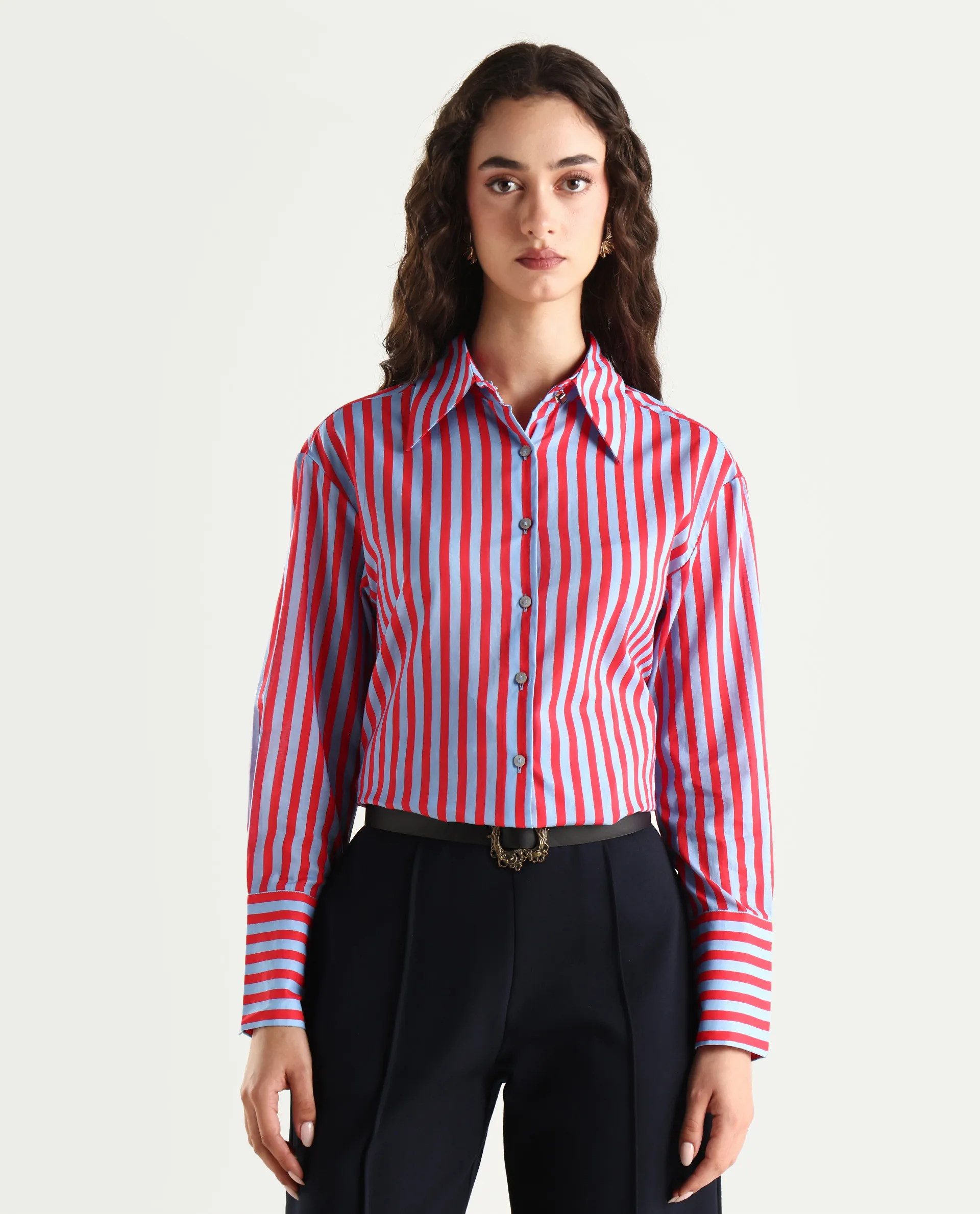 Rareism Women's Masha Blue Drop Collar Striped Cuffed Sleeve Regular Fit Top - Image 3