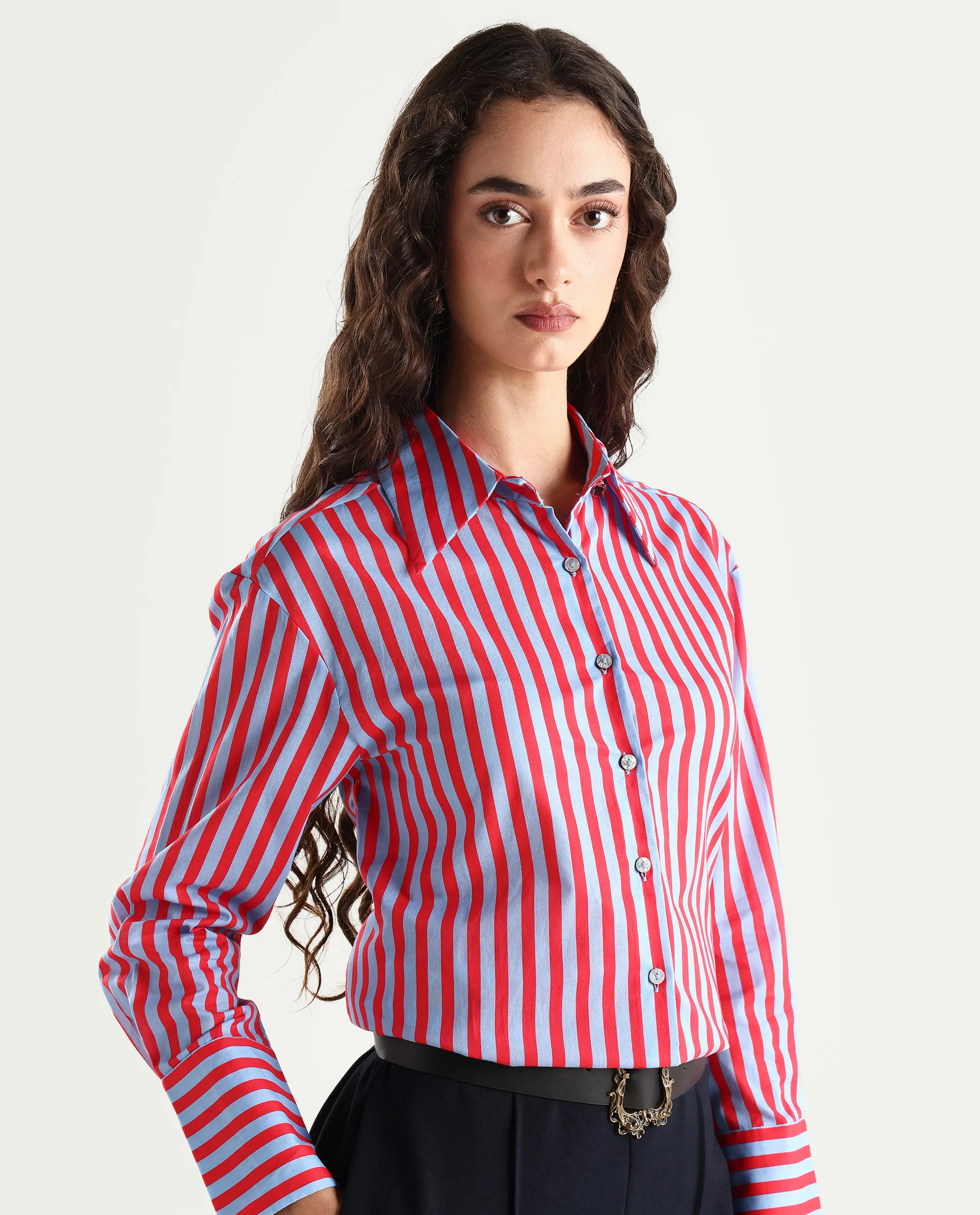 Rareism Women's Masha Blue Drop Collar Striped Cuffed Sleeve Regular Fit Top - Image 4
