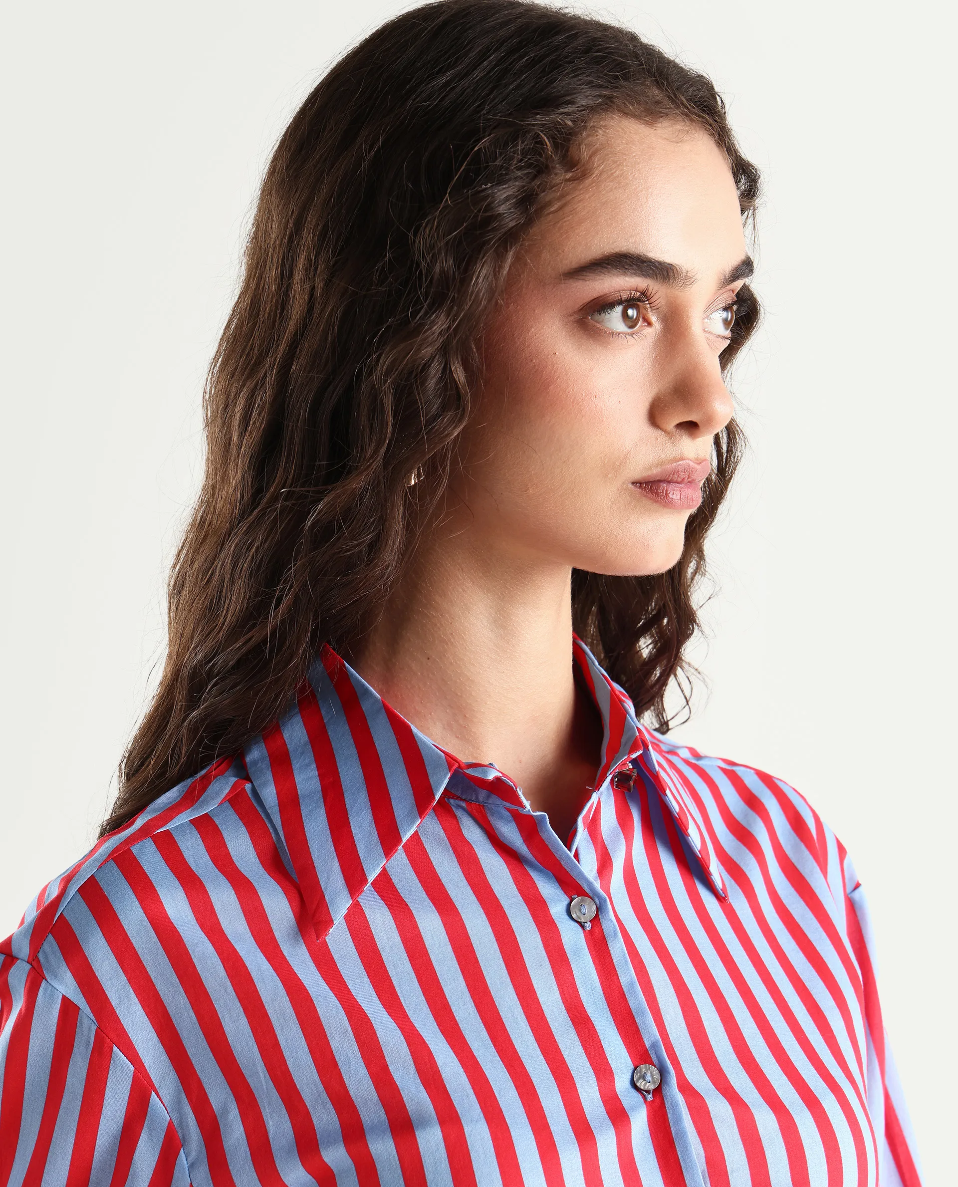 Rareism Women's Masha Blue Drop Collar Striped Cuffed Sleeve Regular Fit Top - Image 5