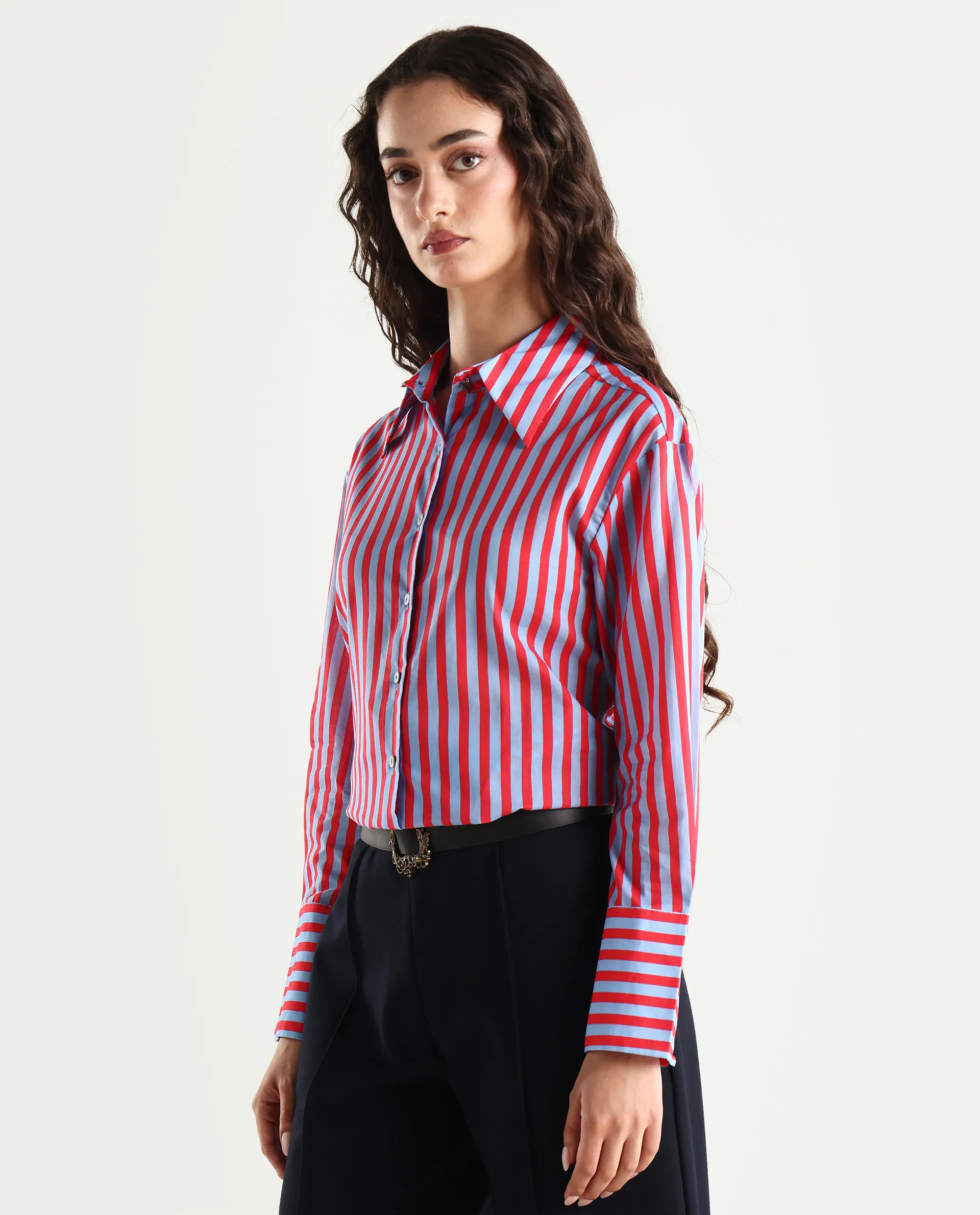 Rareism Women's Masha Blue Drop Collar Striped Cuffed Sleeve Regular Fit Top - Image 6