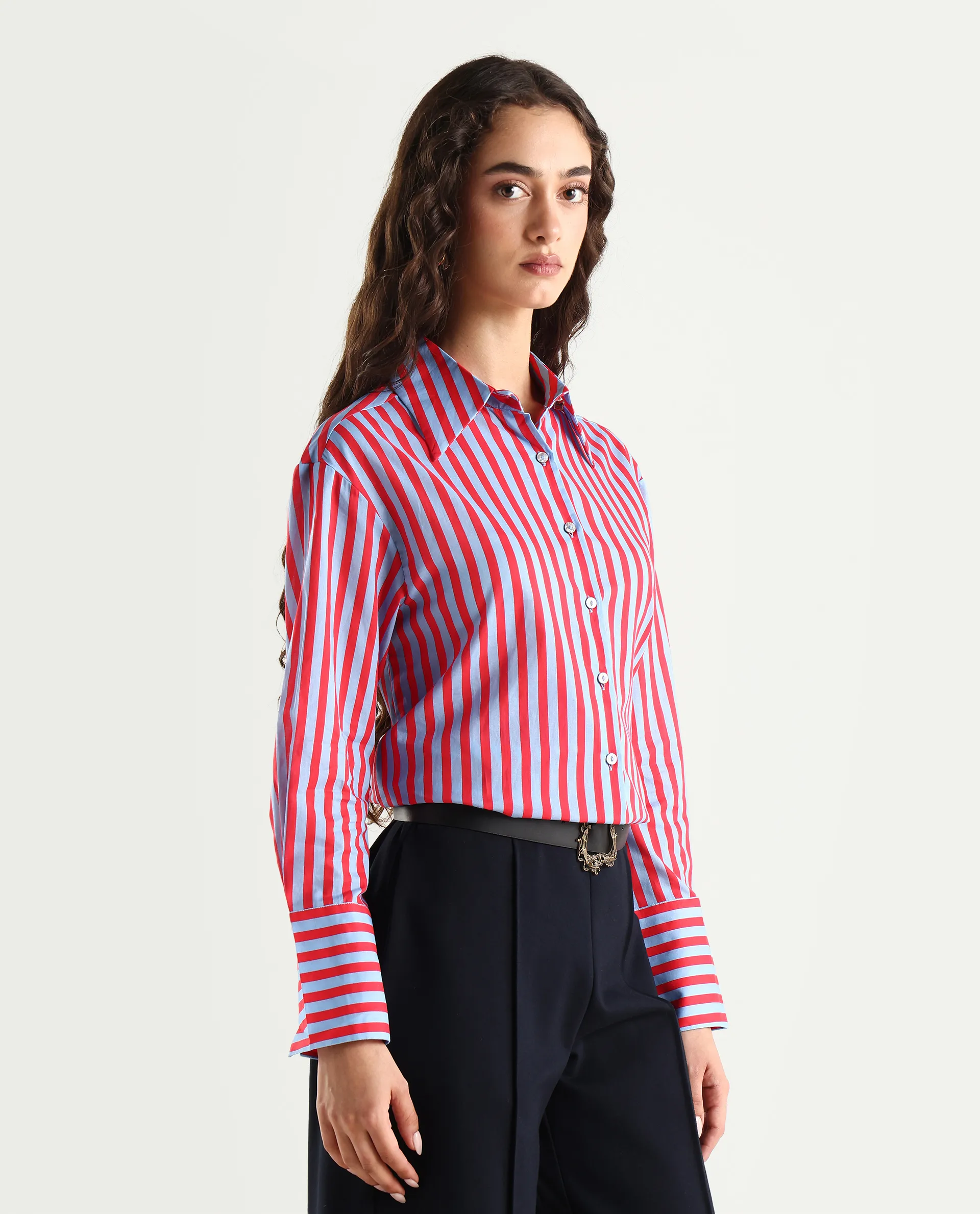 Rareism Women's Masha Blue Drop Collar Striped Cuffed Sleeve Regular Fit Top - Image 7