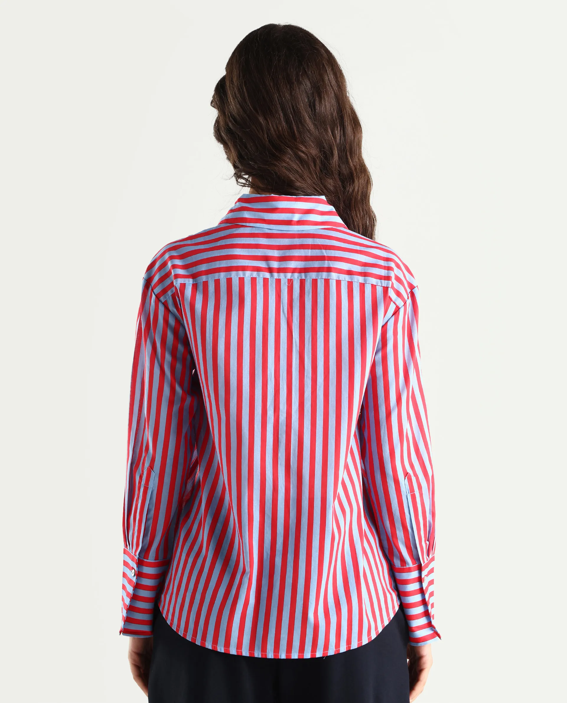 Rareism Women's Masha Blue Drop Collar Striped Cuffed Sleeve Regular Fit Top - Image 8