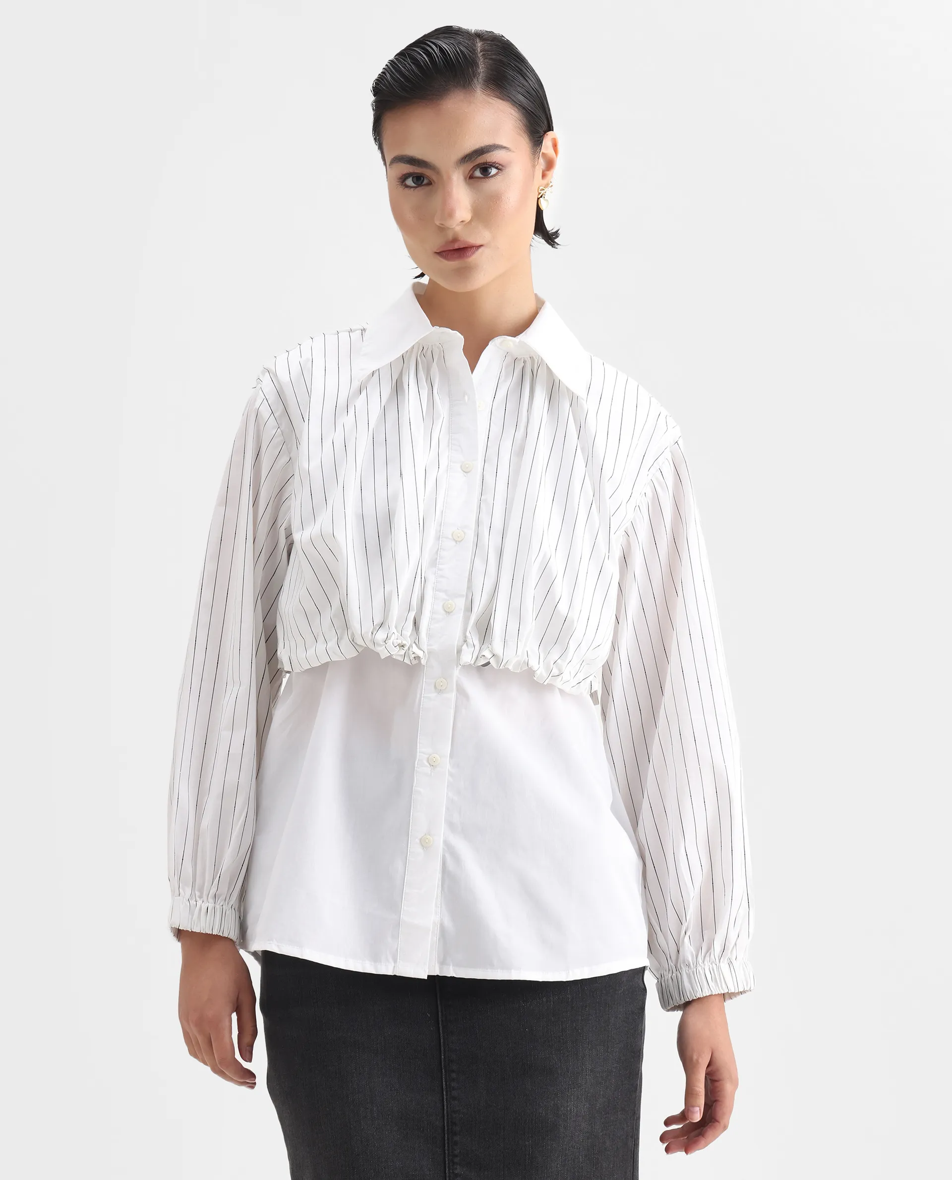 Rareism Women's Mashed White Cotton Blend Drop Collar Striped Cuffed Sleeve Relaxed Fit Top - Image 3