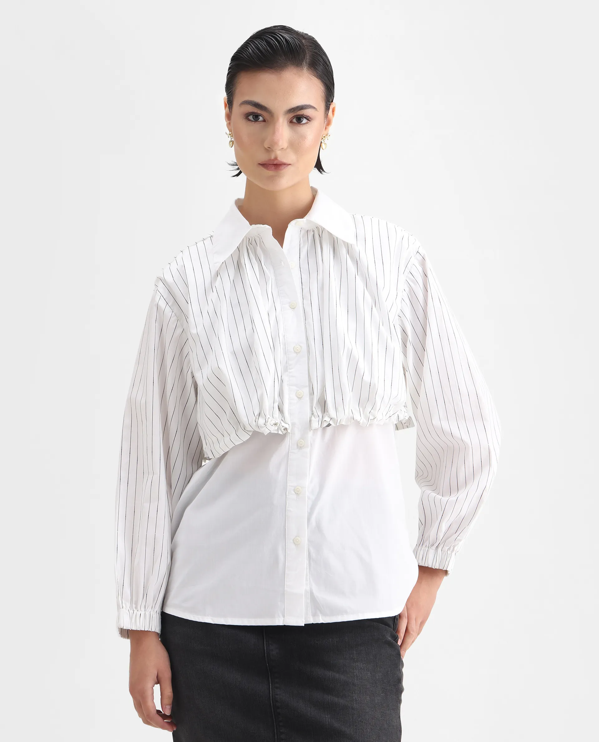 Rareism Women's Mashed White Cotton Blend Drop Collar Striped Cuffed Sleeve Relaxed Fit Top - Image 4