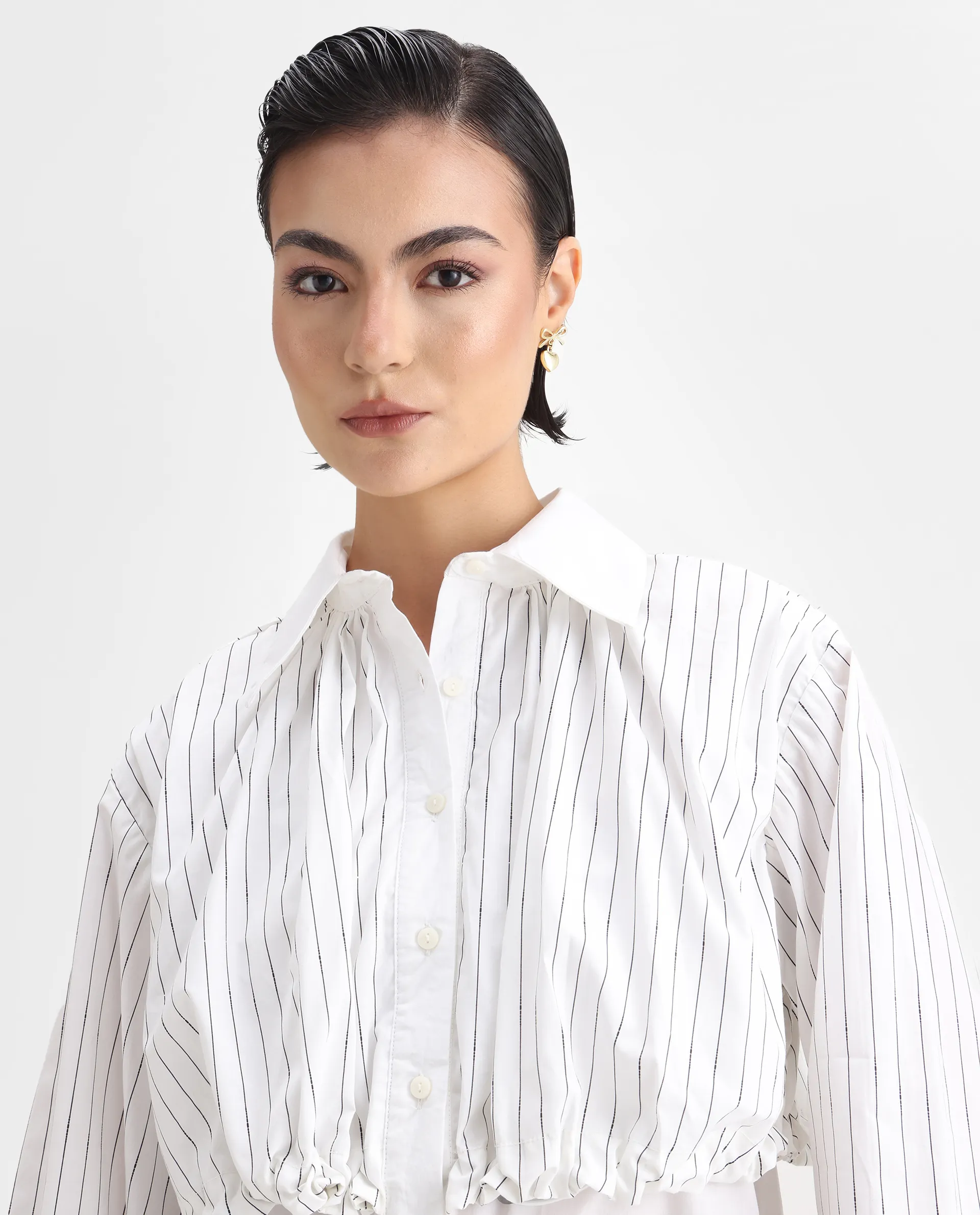 Rareism Women's Mashed White Cotton Blend Drop Collar Striped Cuffed Sleeve Relaxed Fit Top - Image 5
