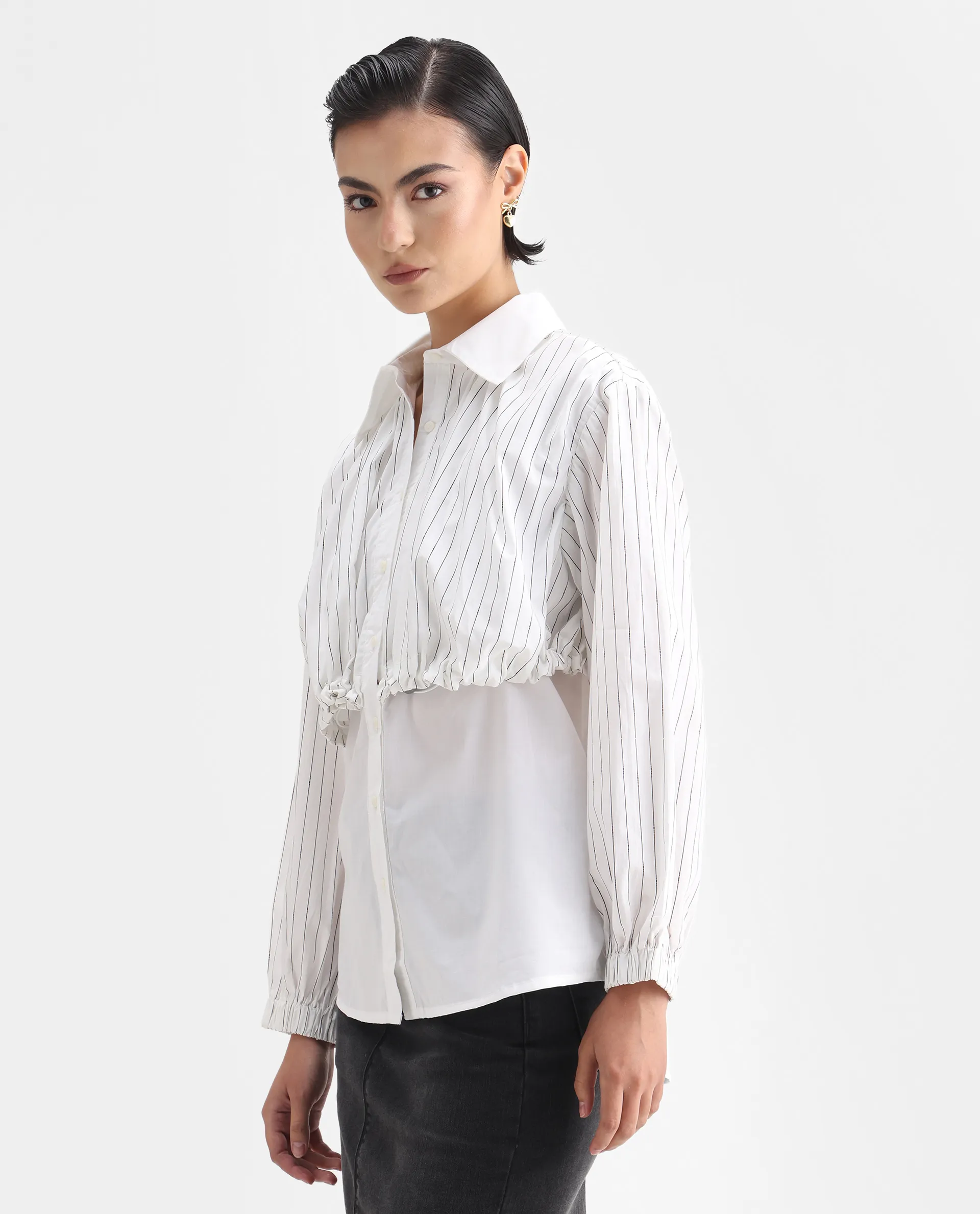 Rareism Women's Mashed White Cotton Blend Drop Collar Striped Cuffed Sleeve Relaxed Fit Top - Image 6