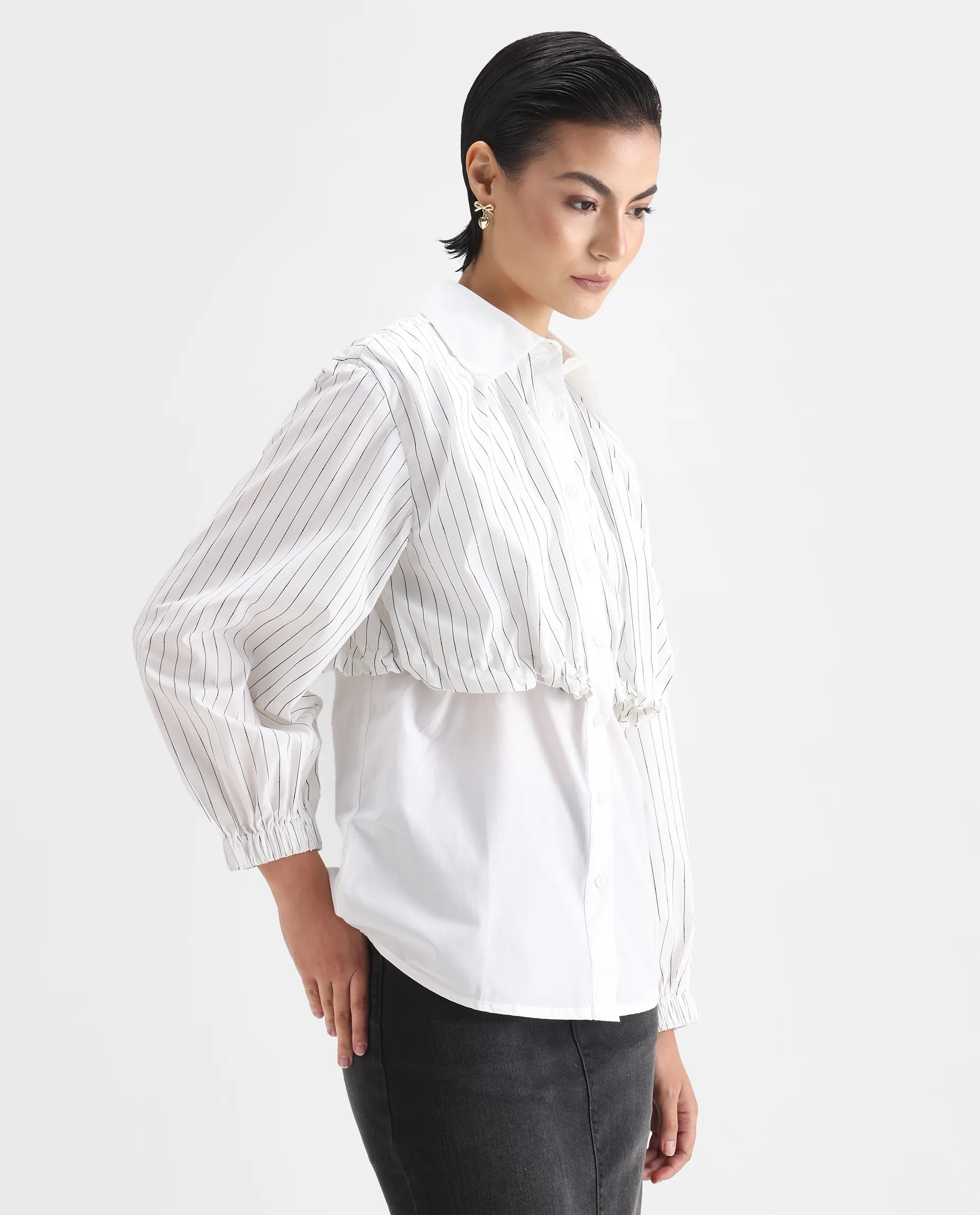 Rareism Women's Mashed White Cotton Blend Drop Collar Striped Cuffed Sleeve Relaxed Fit Top - Image 7