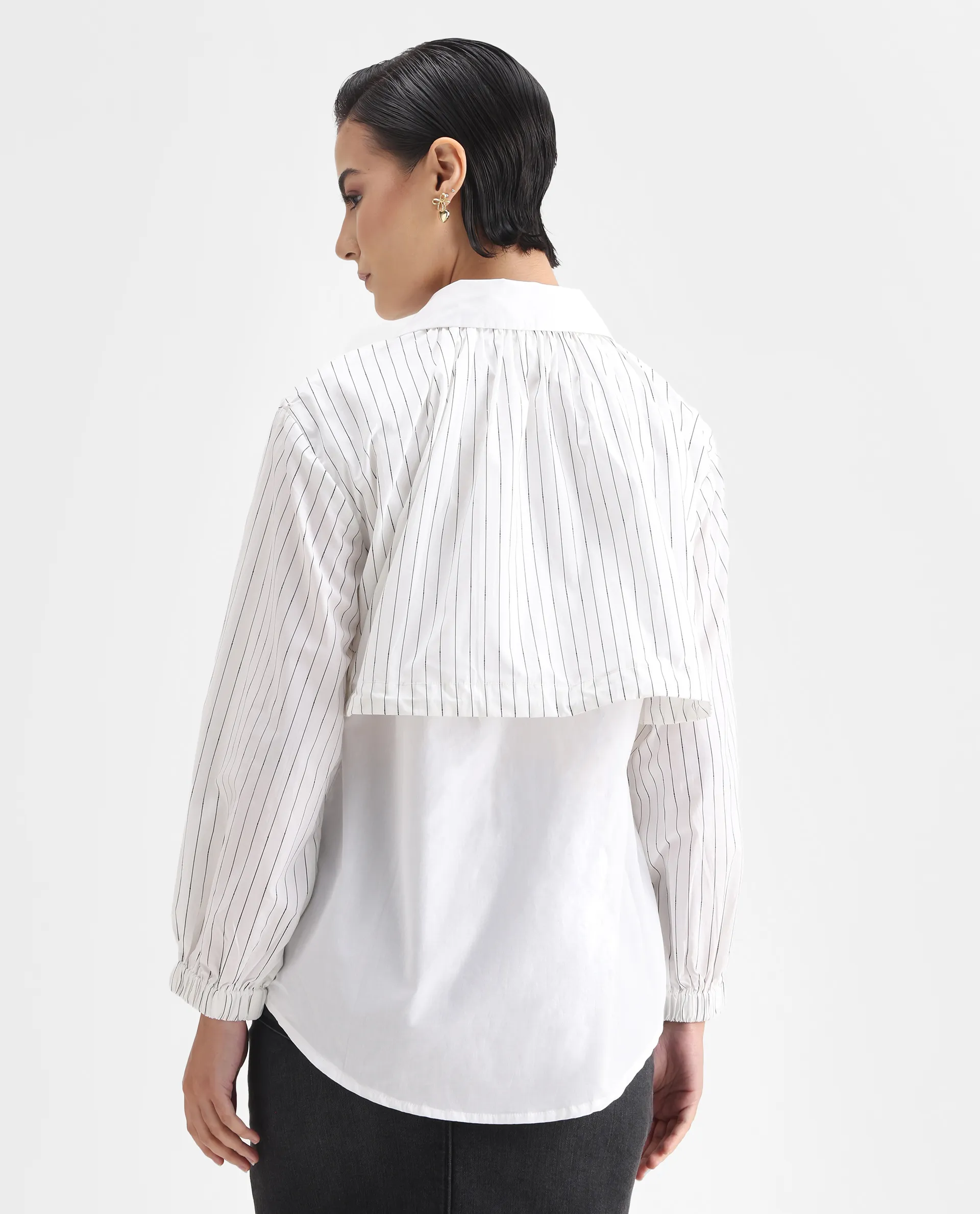 Rareism Women's Mashed White Cotton Blend Drop Collar Striped Cuffed Sleeve Relaxed Fit Top - Image 8