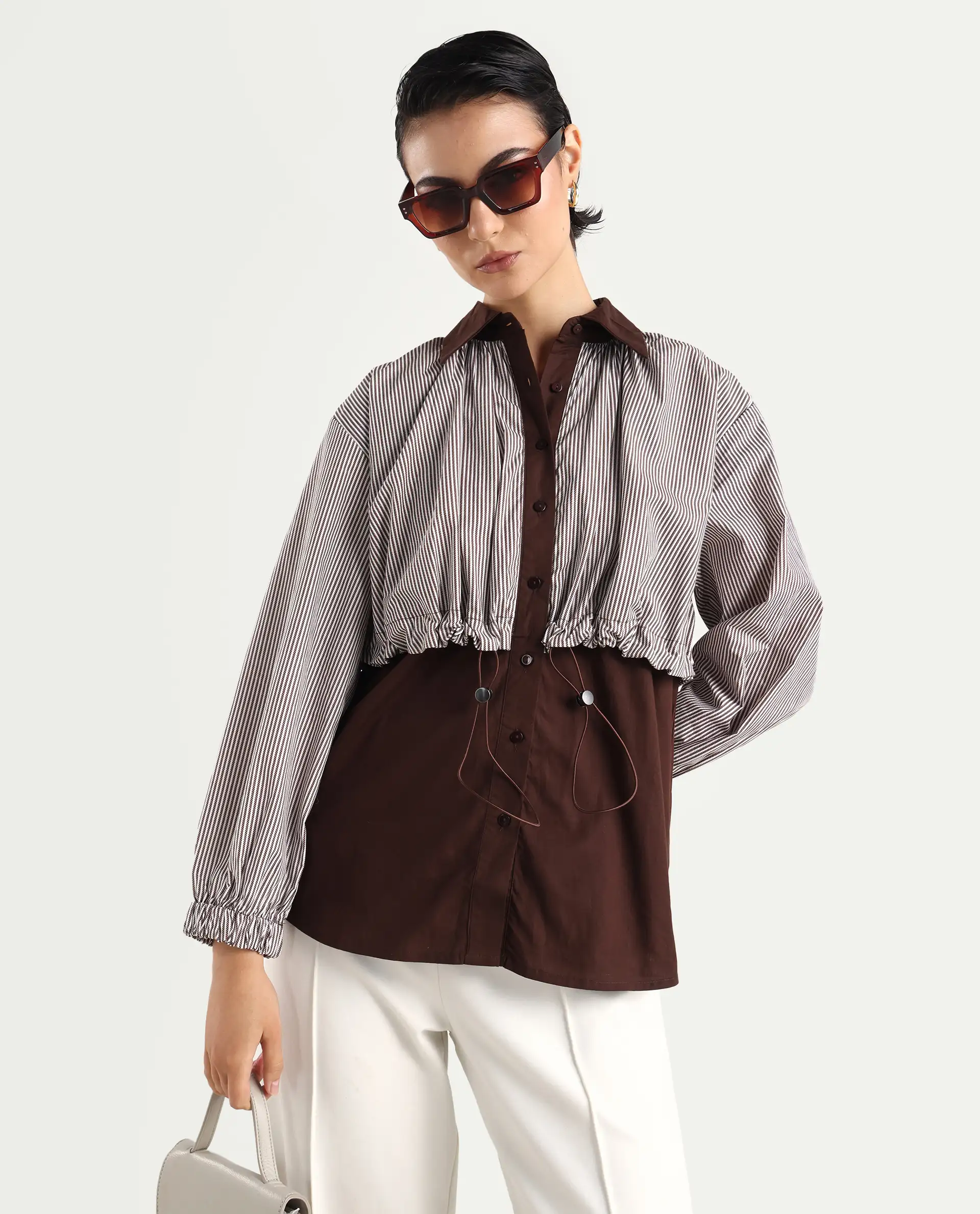 Rareism Women's Masher Brown Cotton Blend Drop Collar Plain Cuffed Sleeve Relaxed Fit Top