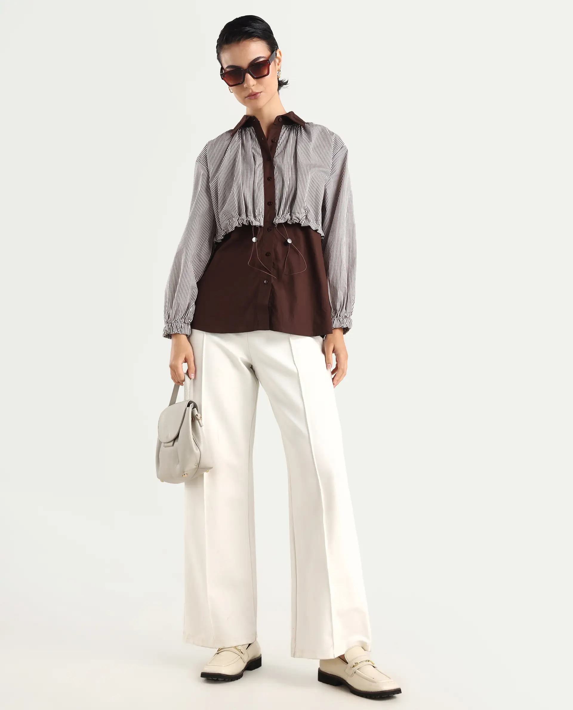 Rareism Women's Masher Brown Cotton Blend Drop Collar Plain Cuffed Sleeve Relaxed Fit Top - Image 2
