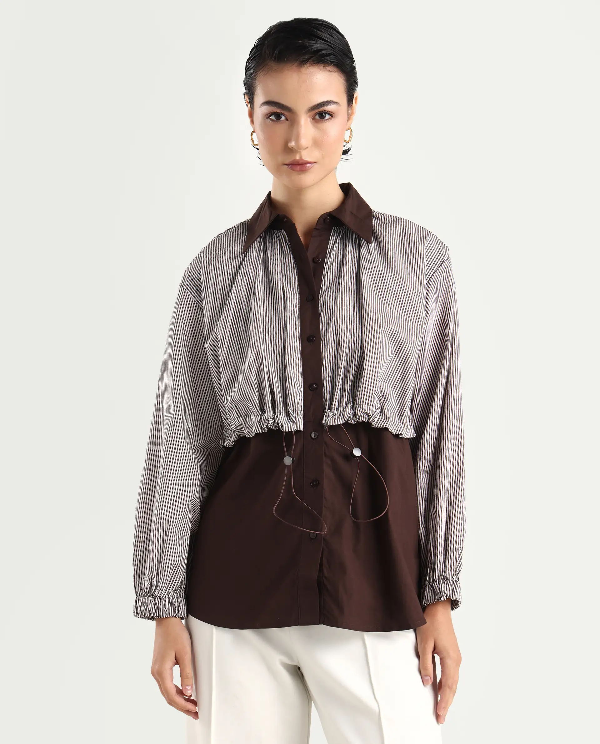 Rareism Women's Masher Brown Cotton Blend Drop Collar Plain Cuffed Sleeve Relaxed Fit Top - Image 3