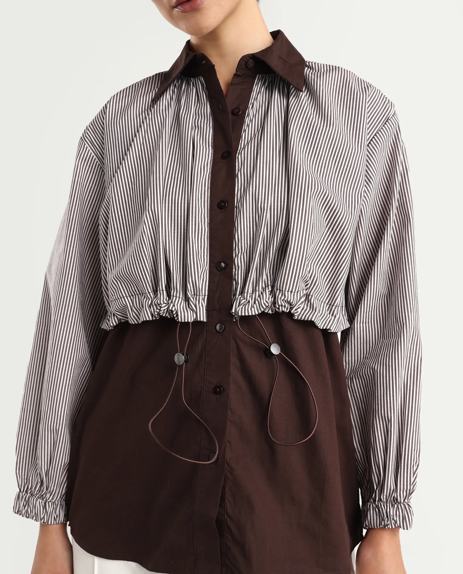 Rareism Women's Masher Brown Cotton Blend Drop Collar Plain Cuffed Sleeve Relaxed Fit Top - Image 4