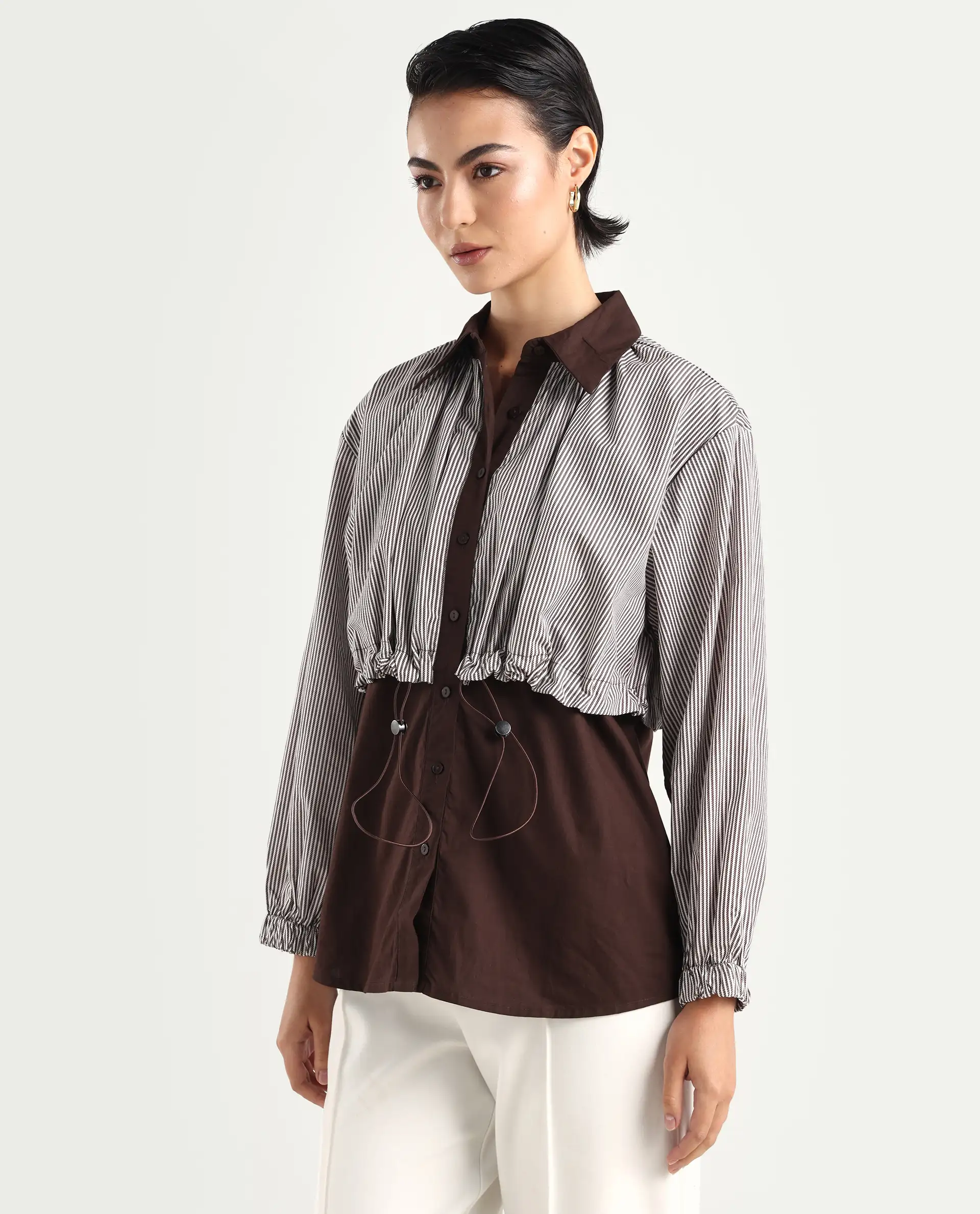 Rareism Women's Masher Brown Cotton Blend Drop Collar Plain Cuffed Sleeve Relaxed Fit Top - Image 5