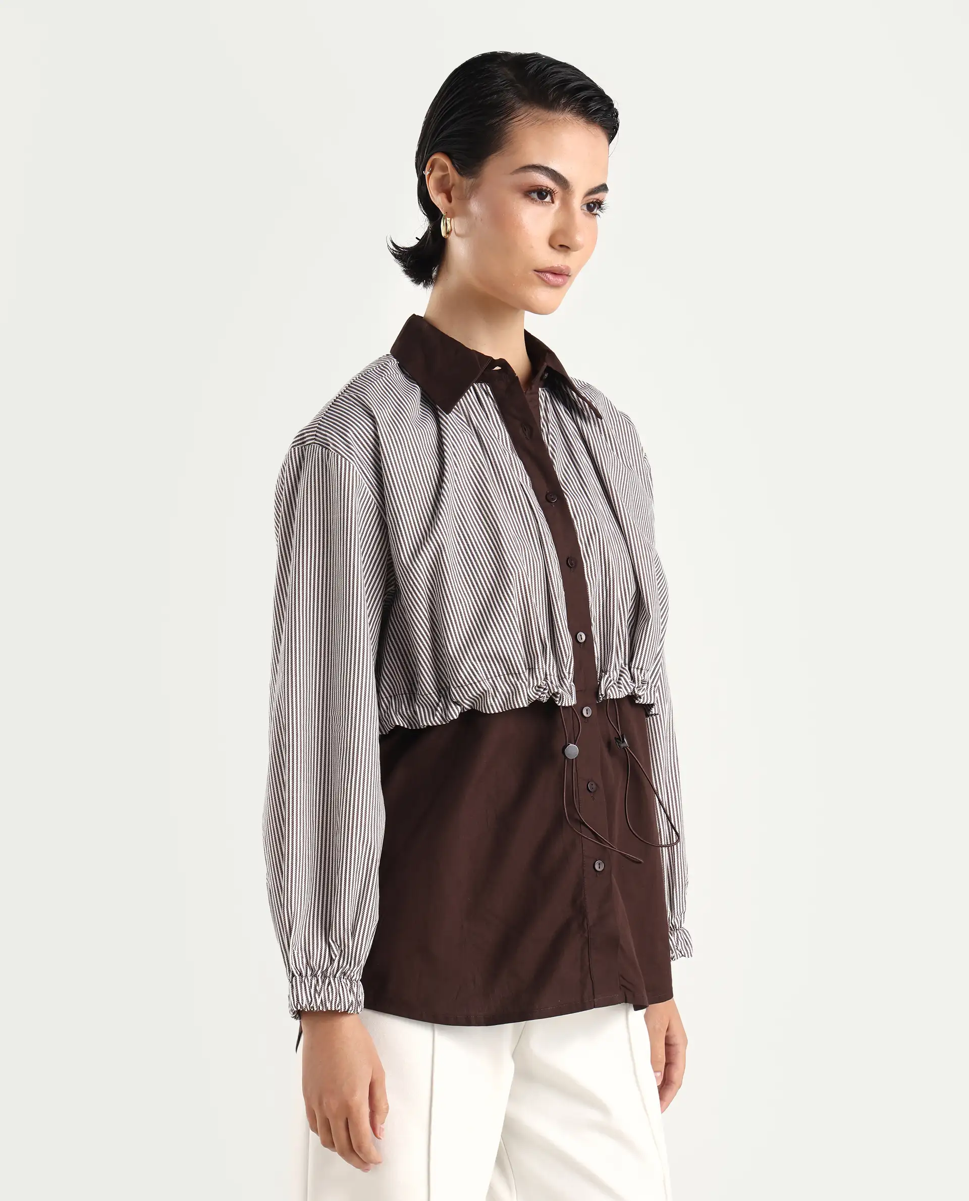 Rareism Women's Masher Brown Cotton Blend Drop Collar Plain Cuffed Sleeve Relaxed Fit Top - Image 6