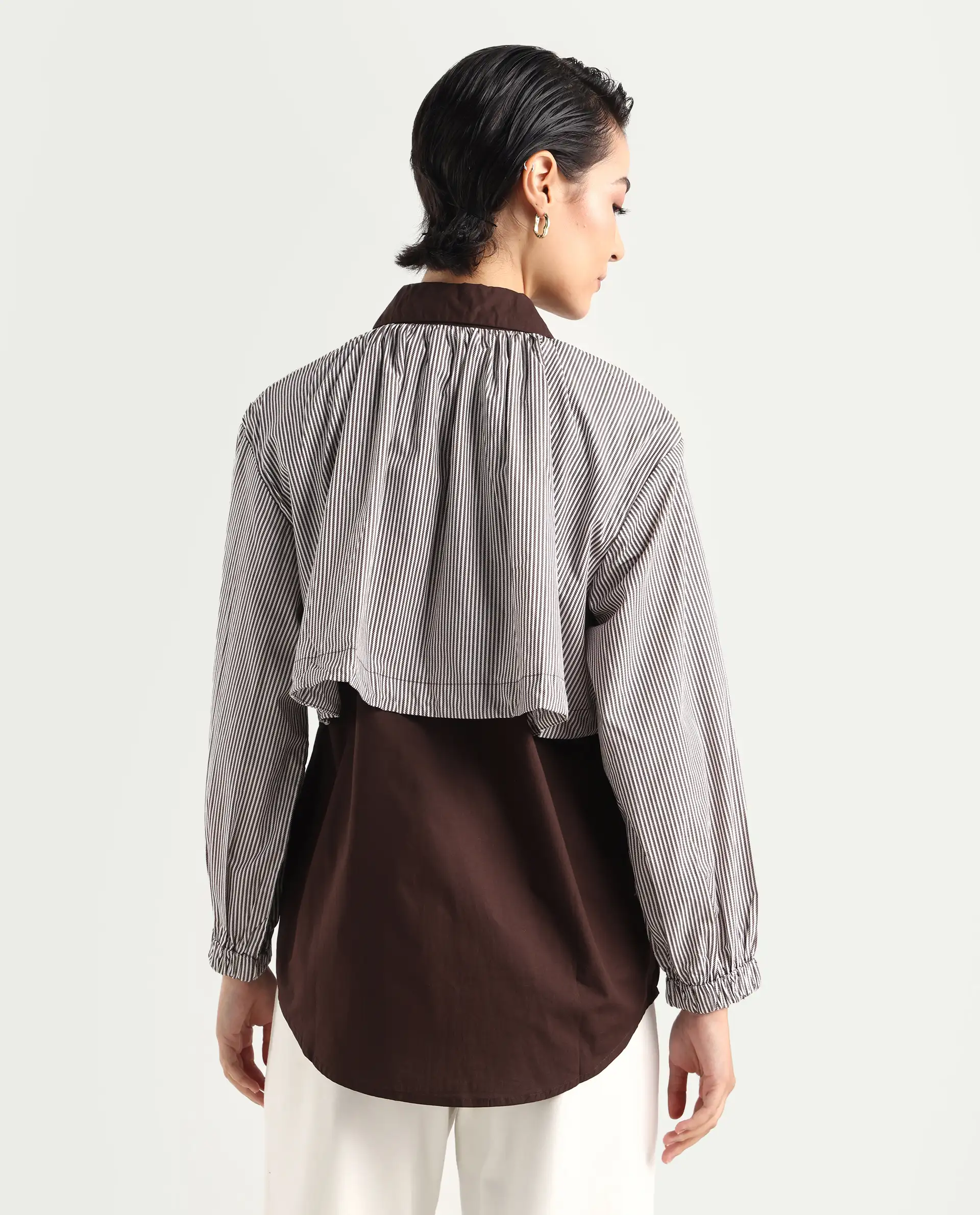 Rareism Women's Masher Brown Cotton Blend Drop Collar Plain Cuffed Sleeve Relaxed Fit Top - Image 7