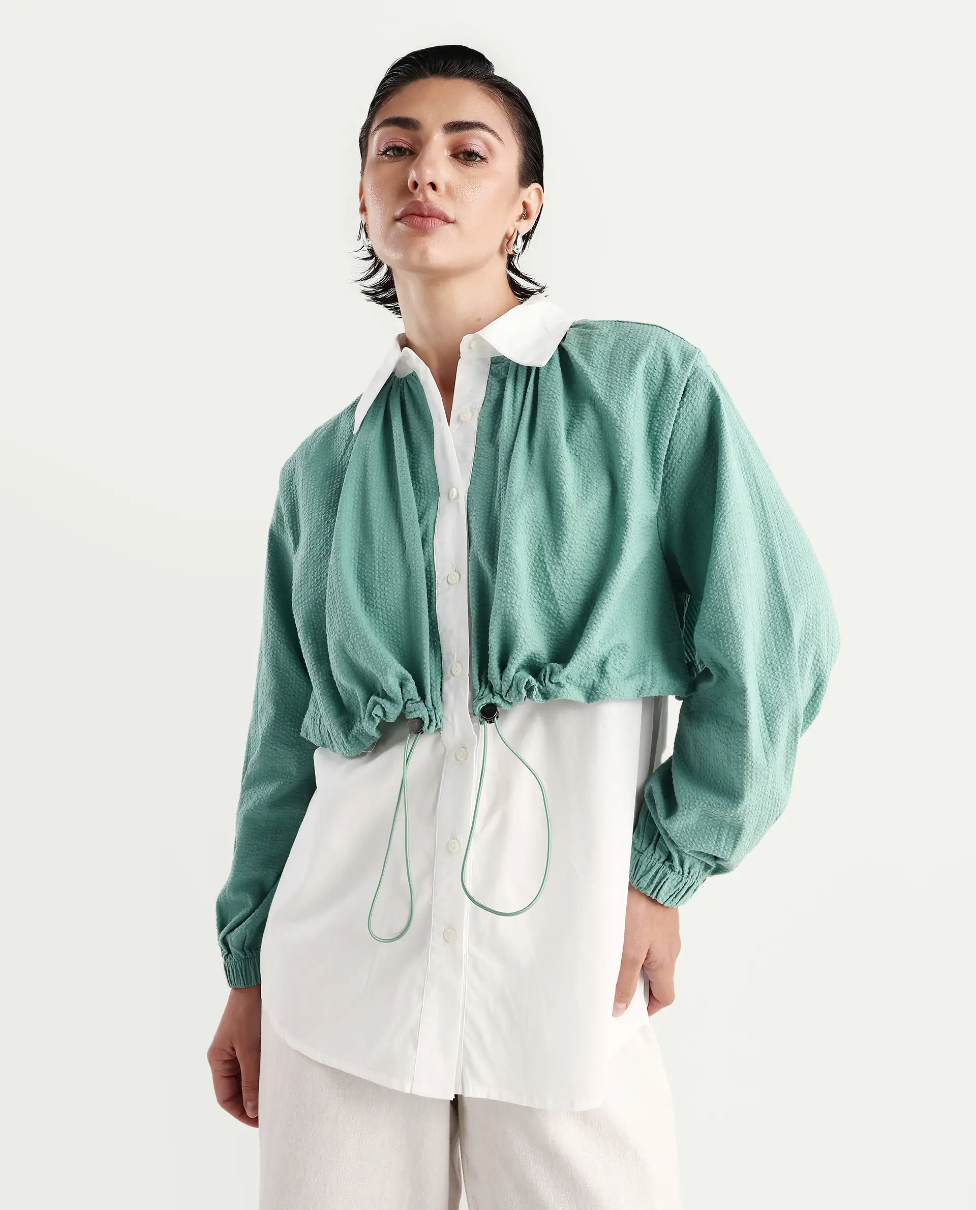 Rareism Women's Mashin White Cotton Blend Drop Collar Plain Cuffed Sleeve Relaxed Fit Top