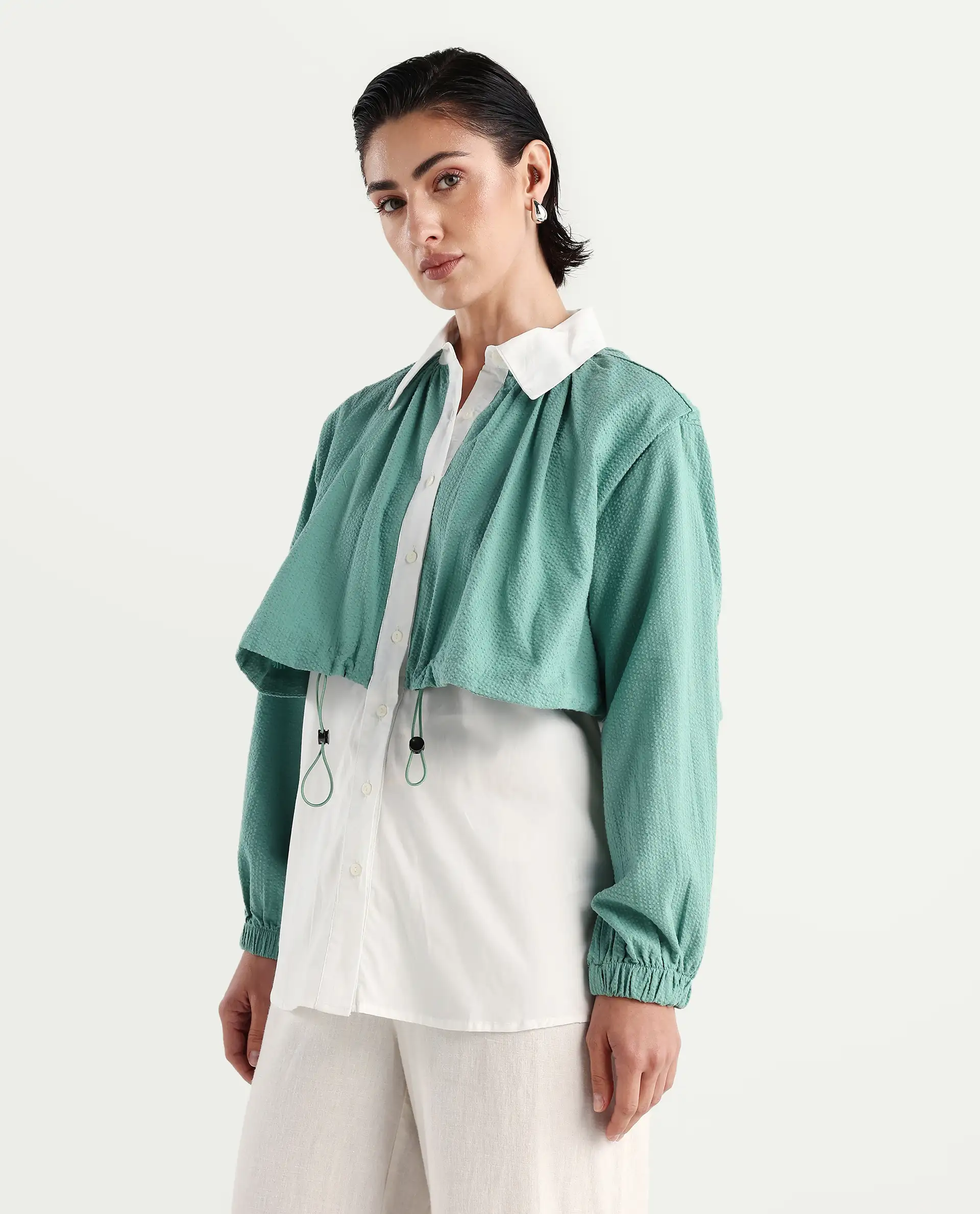 Rareism Women's Mashin White Cotton Blend Drop Collar Plain Cuffed Sleeve Relaxed Fit Top - Image 5
