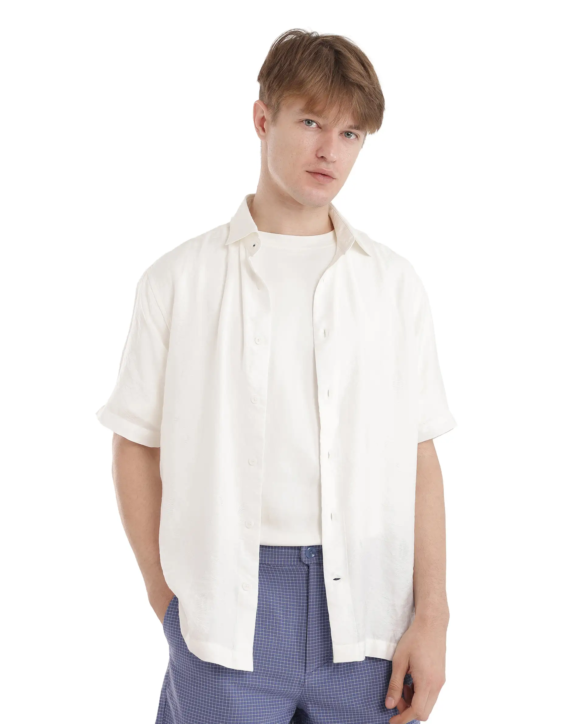 Rare Rabbit Men's Masie White Viscose Blend Plain Regular Fit Half Sleeve Collared Shirt - Image 3