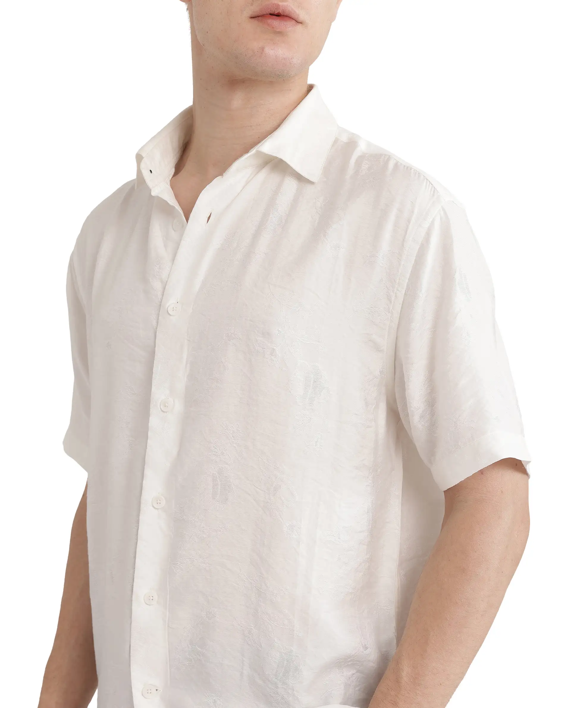 Rare Rabbit Men's Masie White Viscose Blend Plain Regular Fit Half Sleeve Collared Shirt - Image 4