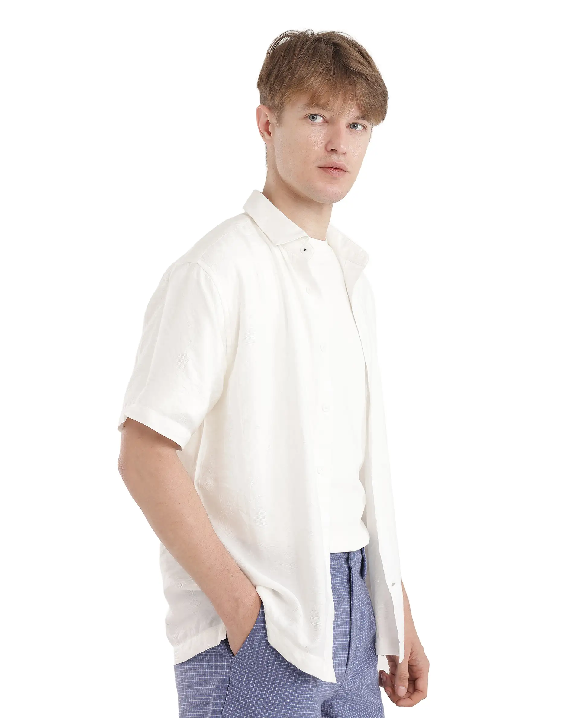 Rare Rabbit Men's Masie White Viscose Blend Plain Regular Fit Half Sleeve Collared Shirt - Image 6