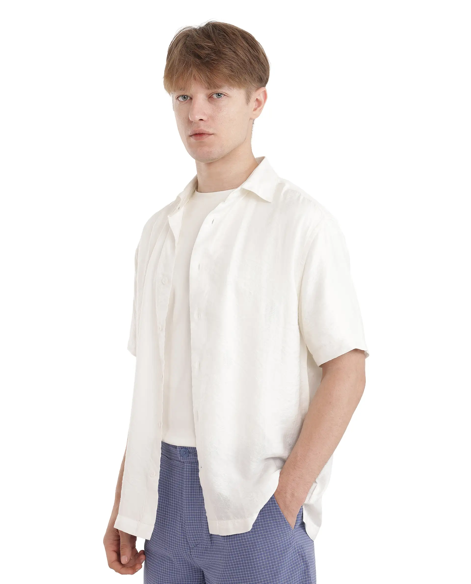 Rare Rabbit Men's Masie White Viscose Blend Plain Regular Fit Half Sleeve Collared Shirt - Image 7