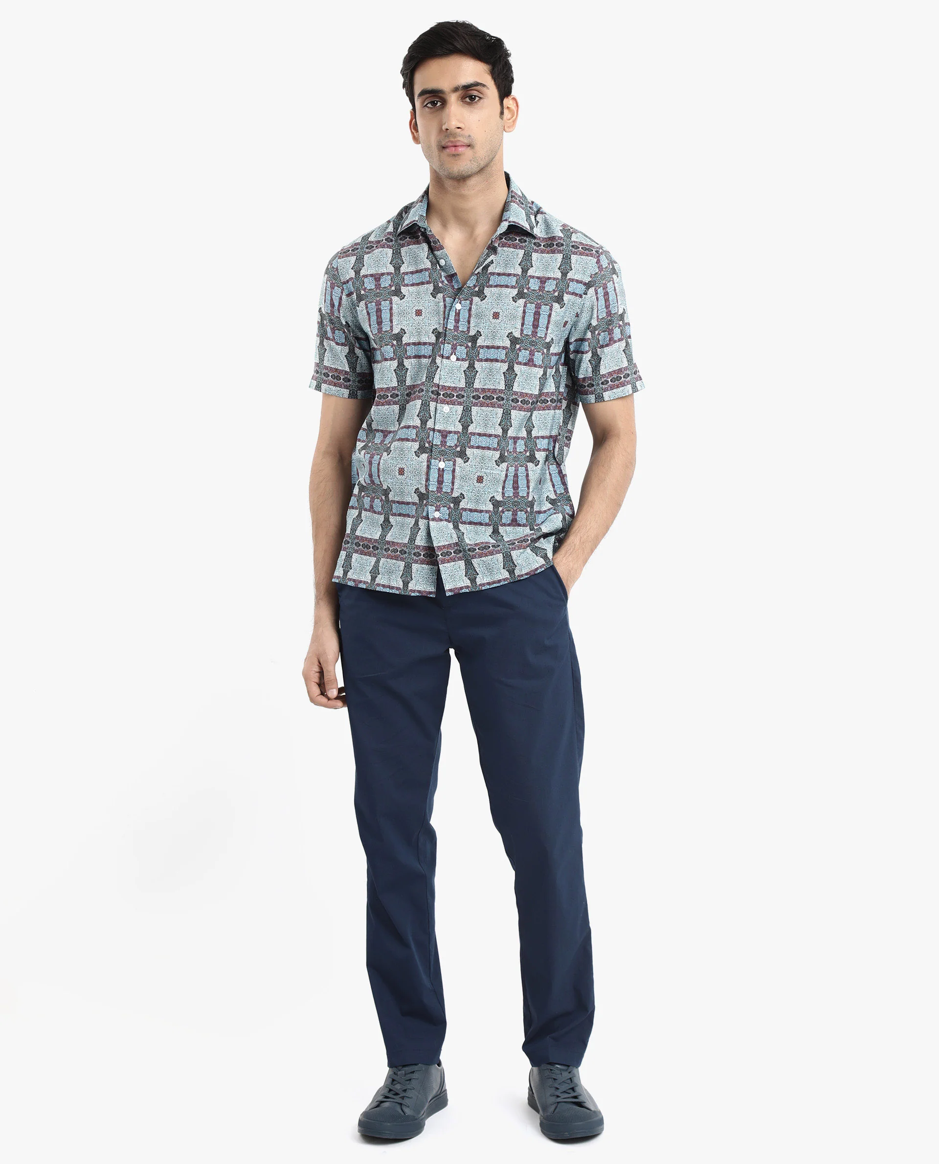 Rare Rabbit Men's Masko Blue Viscose Abstract Print Boxy Fit Half Sleeve Collared Shirt - Image 2