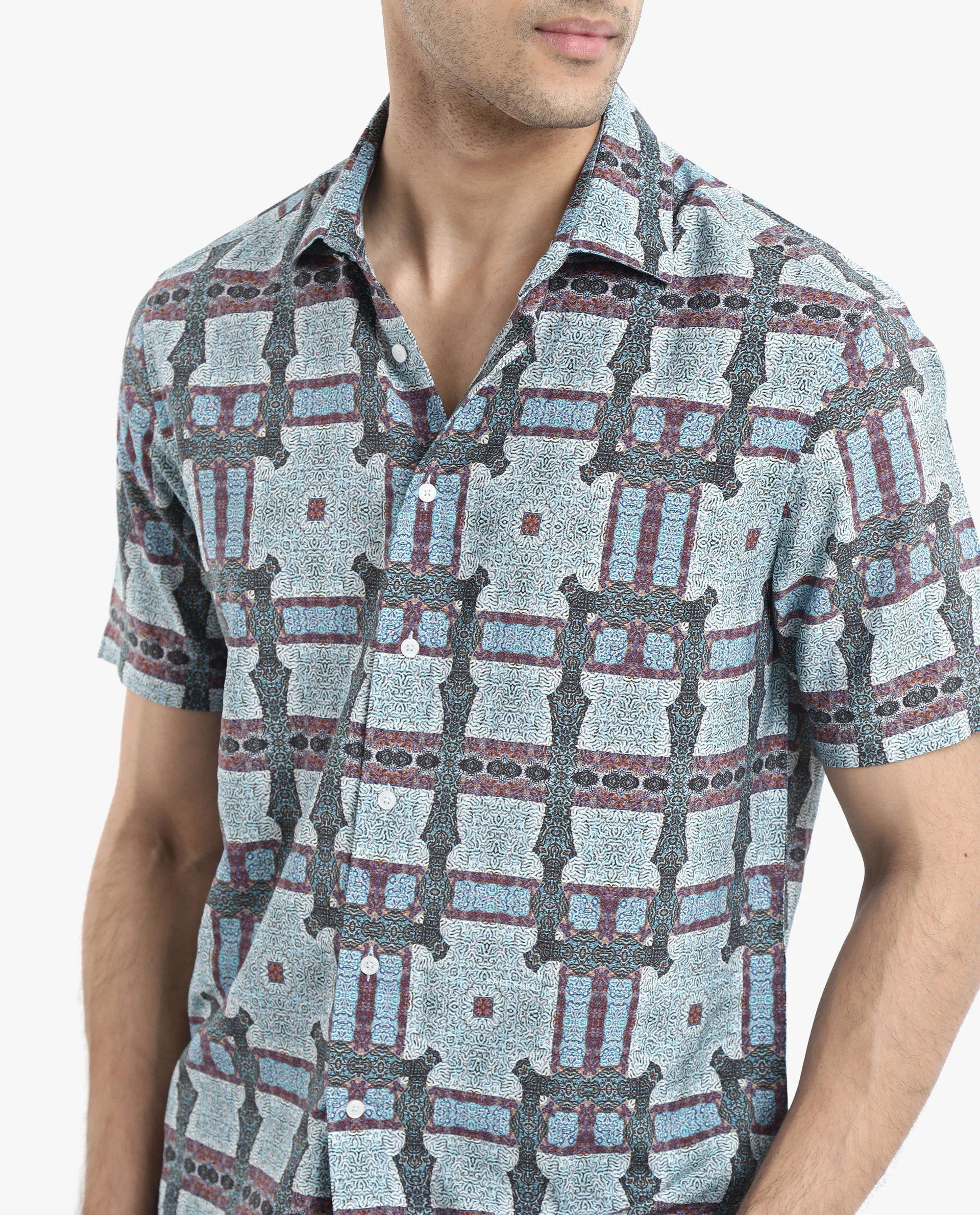 Rare Rabbit Men's Masko Blue Viscose Abstract Print Boxy Fit Half Sleeve Collared Shirt - Image 3