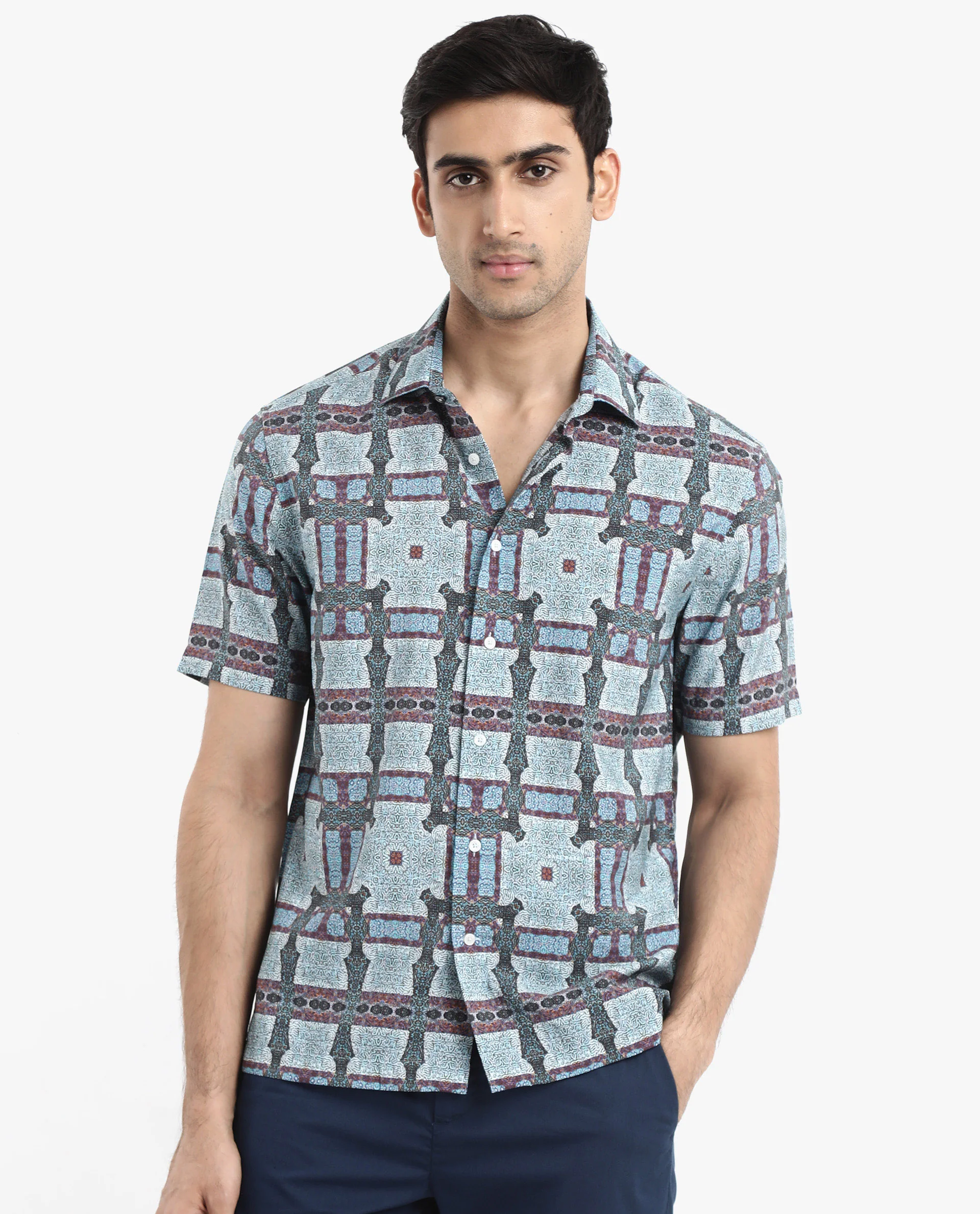 Rare Rabbit Men's Masko Blue Viscose Abstract Print Boxy Fit Half Sleeve Collared Shirt - Image 4