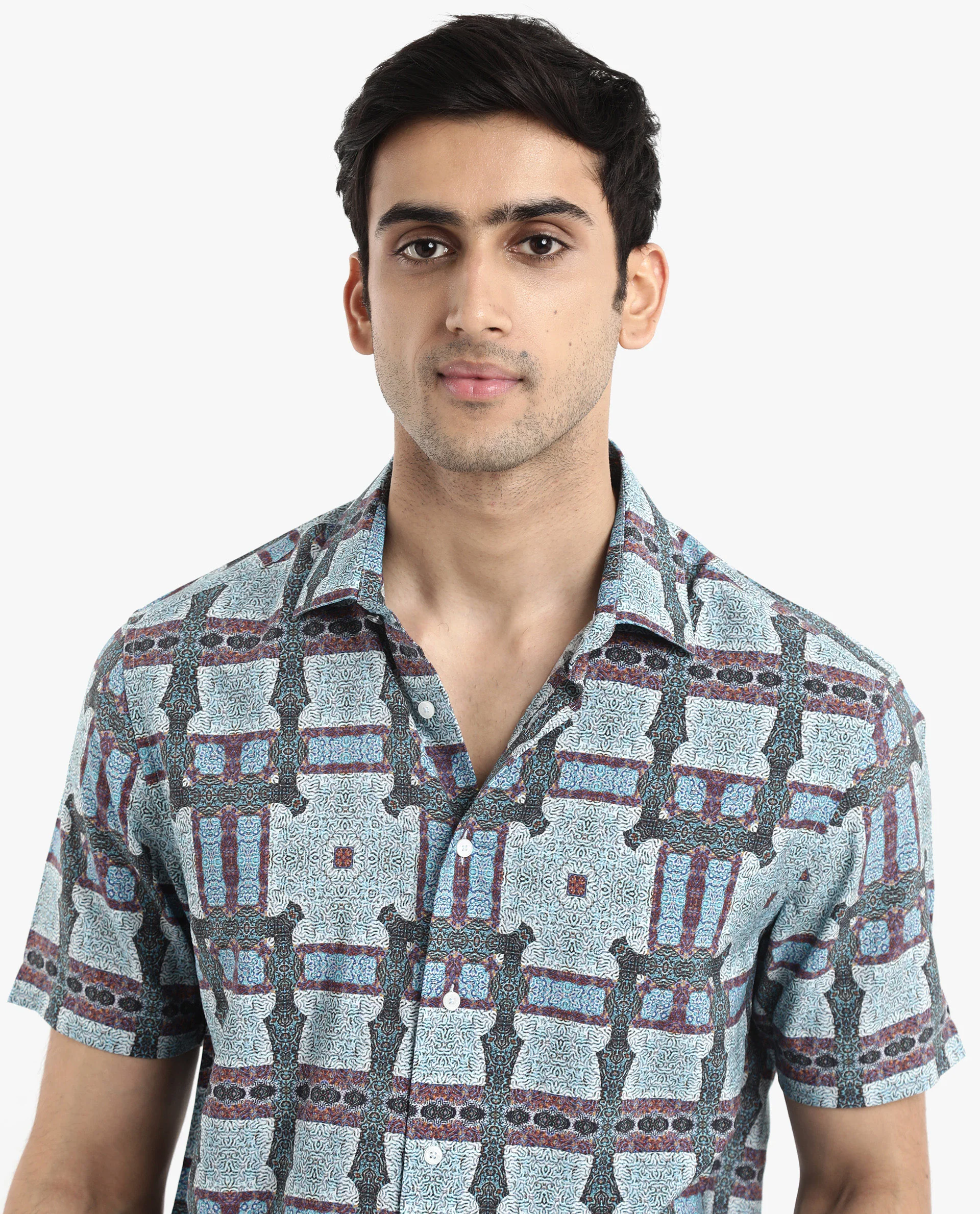 Rare Rabbit Men's Masko Blue Viscose Abstract Print Boxy Fit Half Sleeve Collared Shirt - Image 5