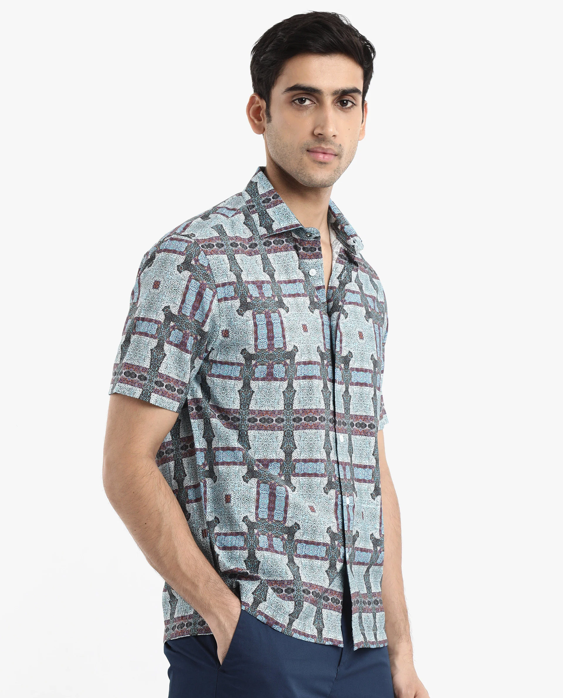 Rare Rabbit Men's Masko Blue Viscose Abstract Print Boxy Fit Half Sleeve Collared Shirt - Image 6
