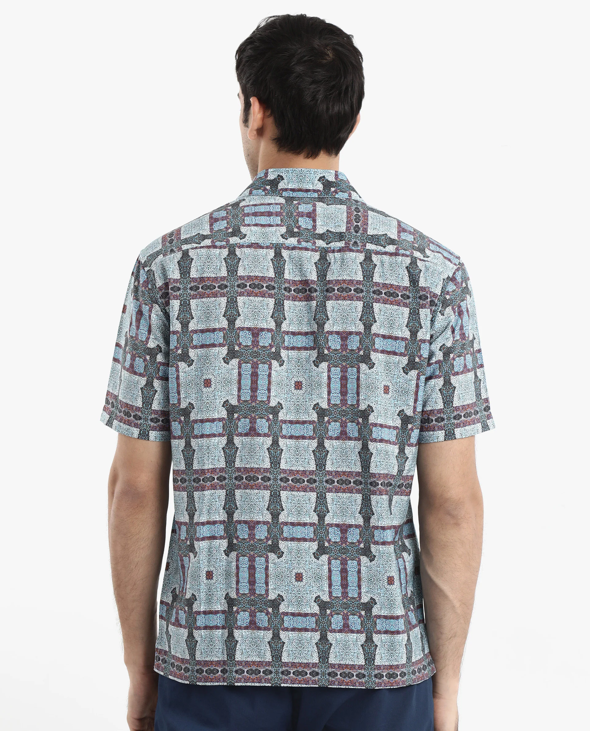 Rare Rabbit Men's Masko Blue Viscose Abstract Print Boxy Fit Half Sleeve Collared Shirt - Image 7