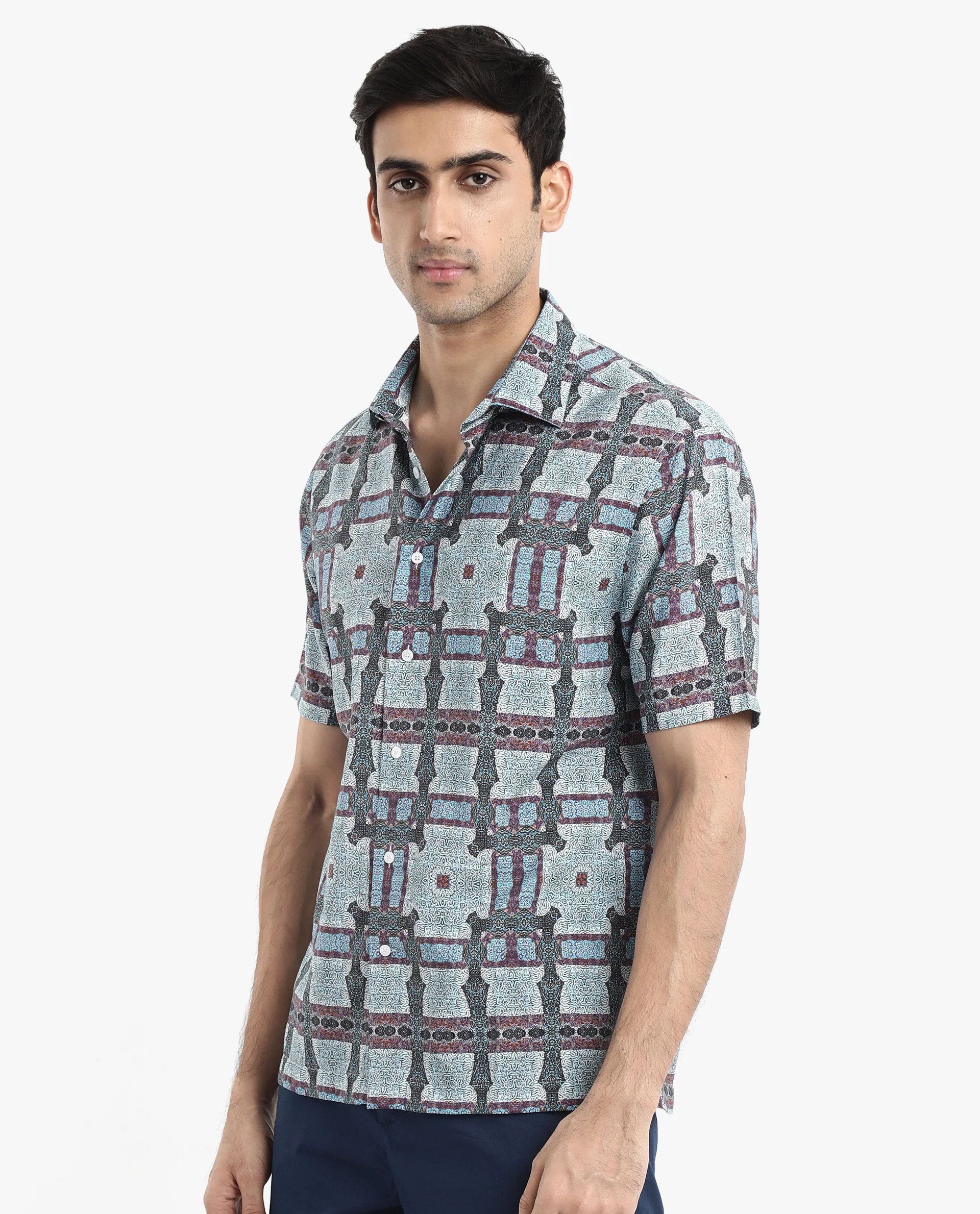 Rare Rabbit Men's Masko Blue Viscose Abstract Print Boxy Fit Half Sleeve Collared Shirt - Image 8