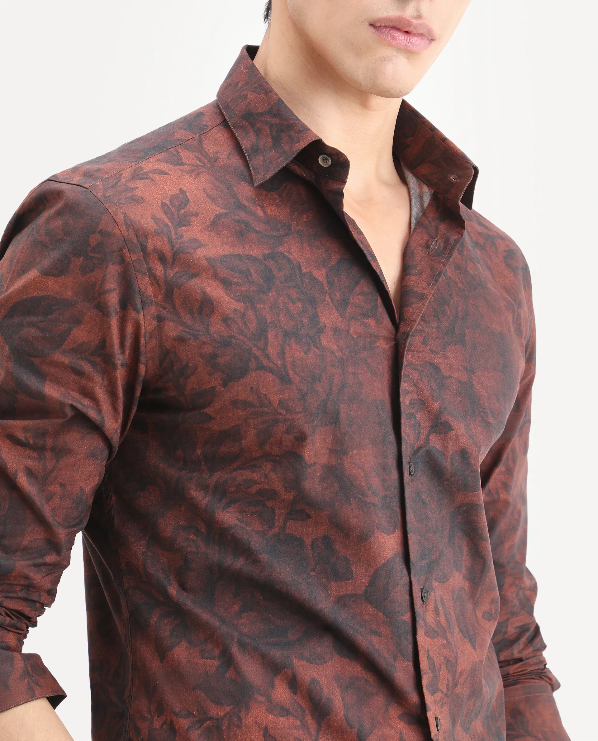 Rare Rabbit Men's Maso Dusky Brown Cotton Fabric Full Sleeve Spread Collar Regular Fit Floral Print Shirt - Image 4